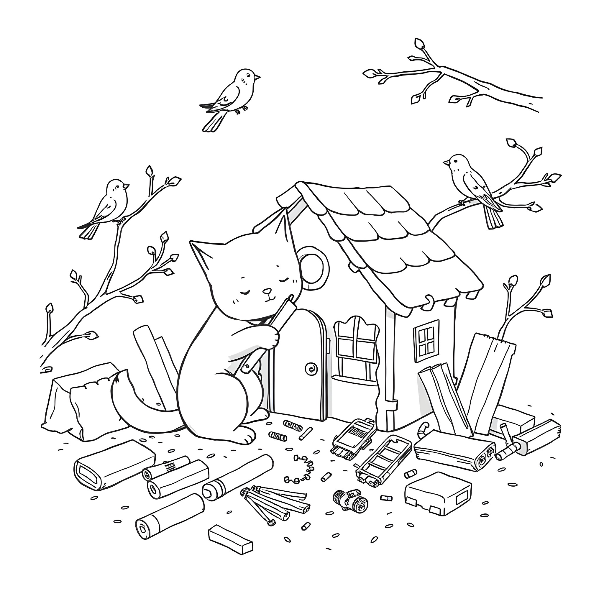 Cat exploring the cozy bird house in the yard Coloring Page (free black-and-white line drawing printable PDF for all, from beginners to advanced learners, including children, teens, adults, and seniors)