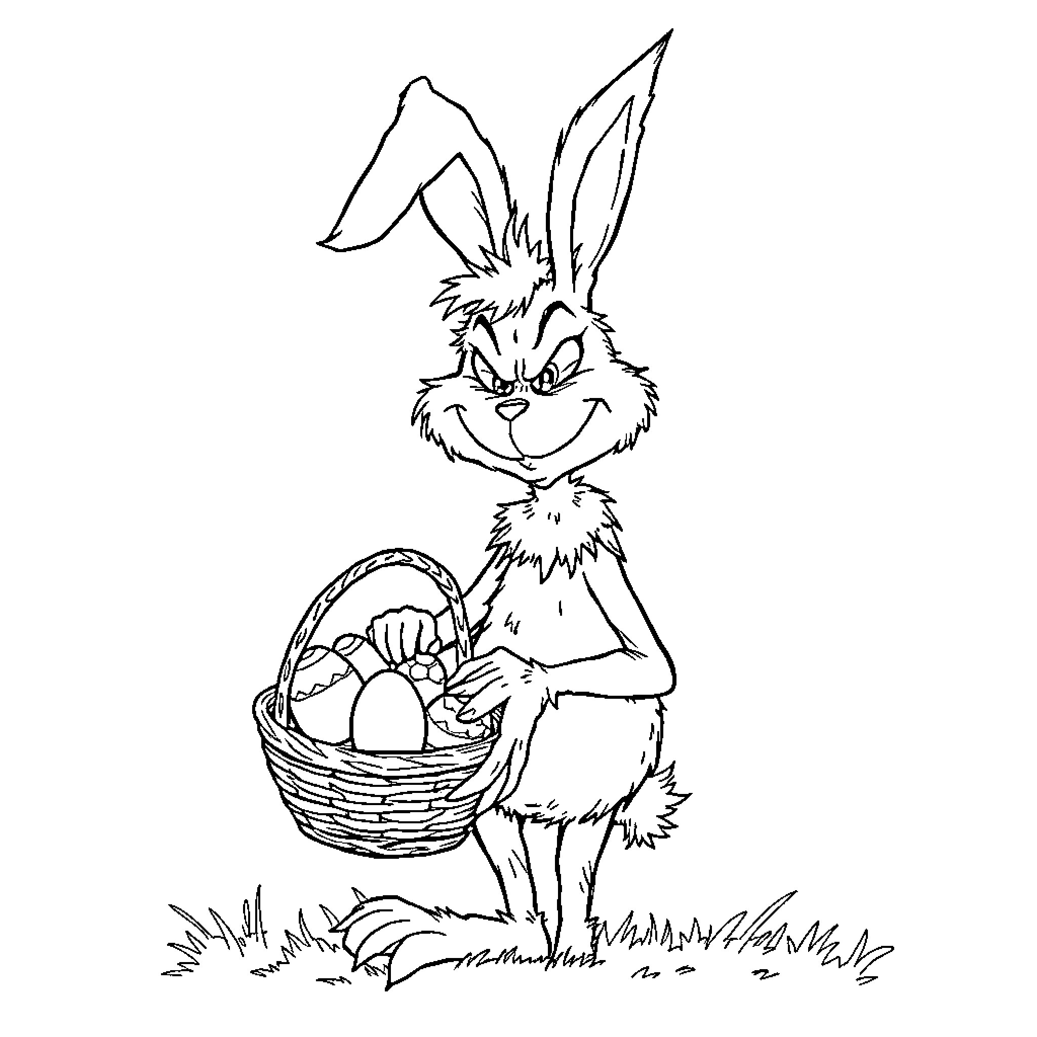 Grinch-like bunny with Easter basket Coloring Page (free black-and-white line drawing printable PDF for all, from beginners to advanced learners, including children, teens, adults, and seniors)