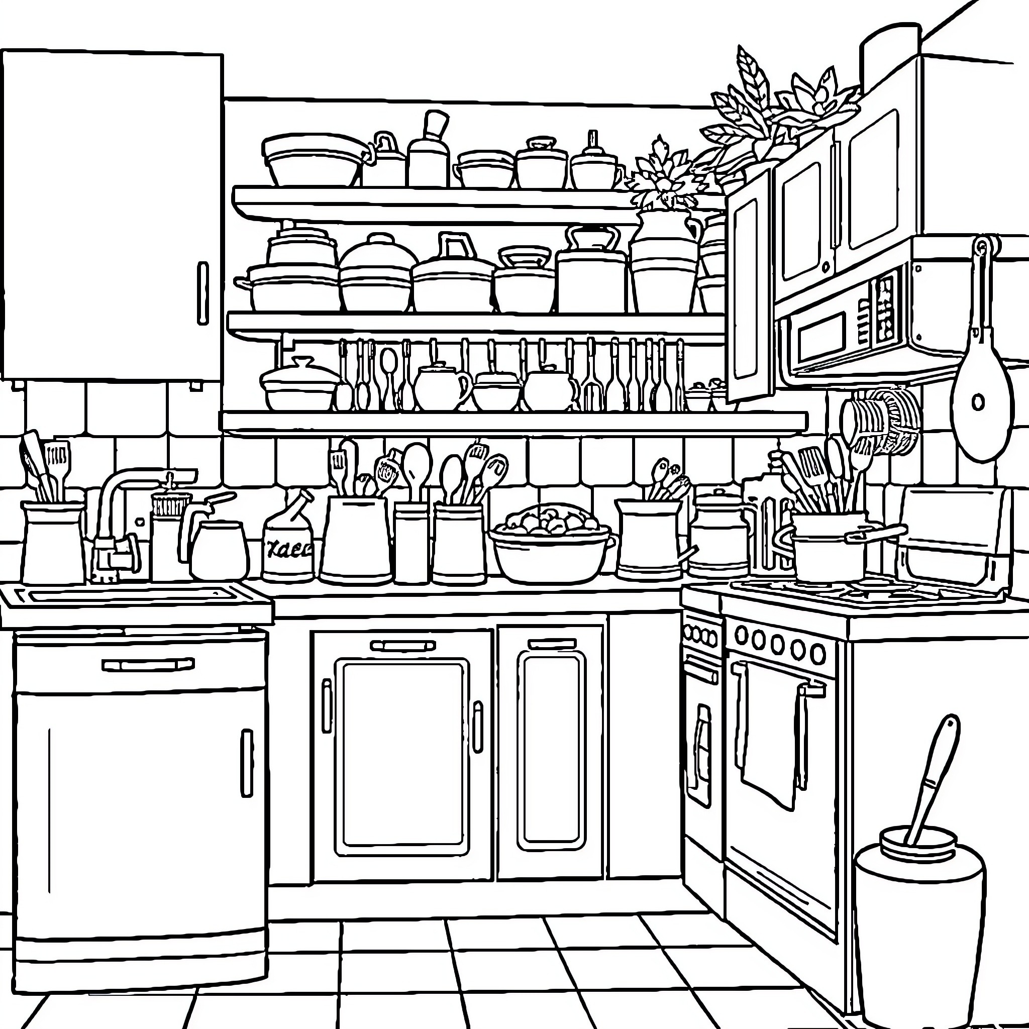 Kitchen with shelves, utensils, and cooking appliances Coloring Page (free black-and-white line drawing printable PDF for all, from beginners to advanced learners, including children, teens, adults, and seniors)