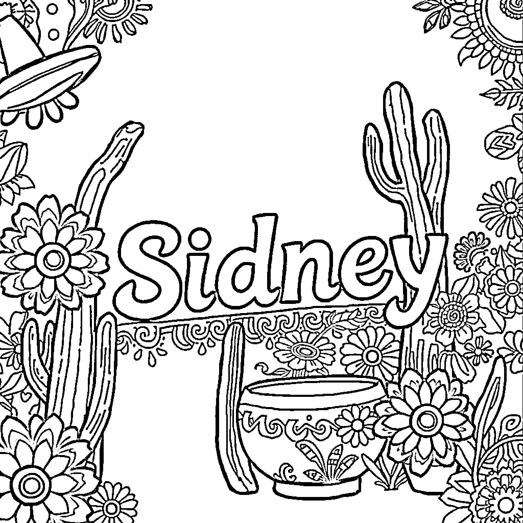Mexican Floral Doodle with Name Sidney Coloring Page (free black-and-white line drawing printable PDF for all, from beginners to advanced learners, including children, teens, adults, and seniors)