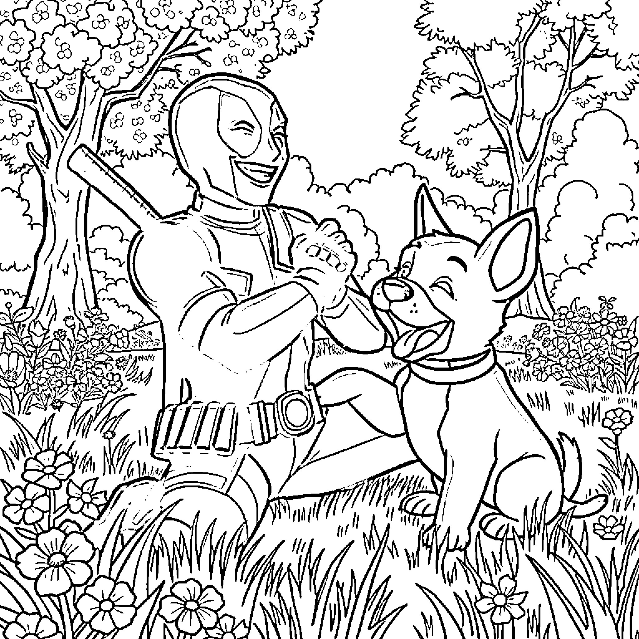 Deadpool playing with a mischievous fox in the enchanted forest Coloring Page (free black-and-white line drawing printable PDF for all, from beginners to advanced learners, including children, teens, adults, and seniors)