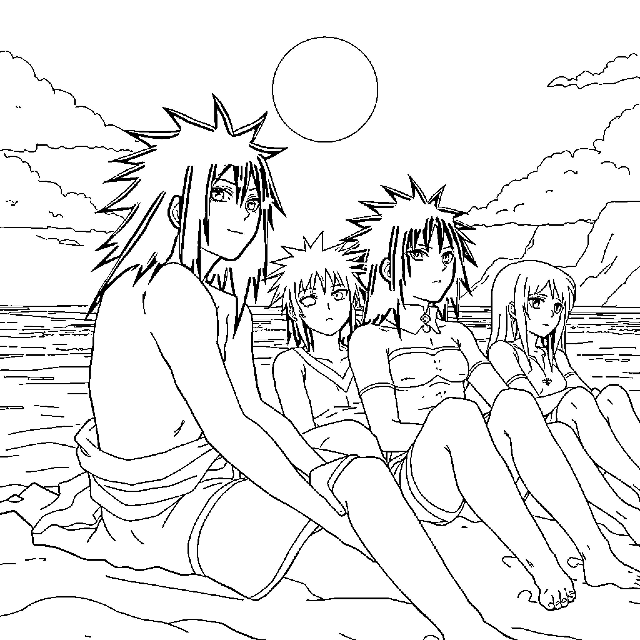 Akatsuki members enjoying a serene moment on the beach Coloring Page (free black-and-white line drawing printable PDF for all, from beginners to advanced learners, including children, teens, adults, and seniors)