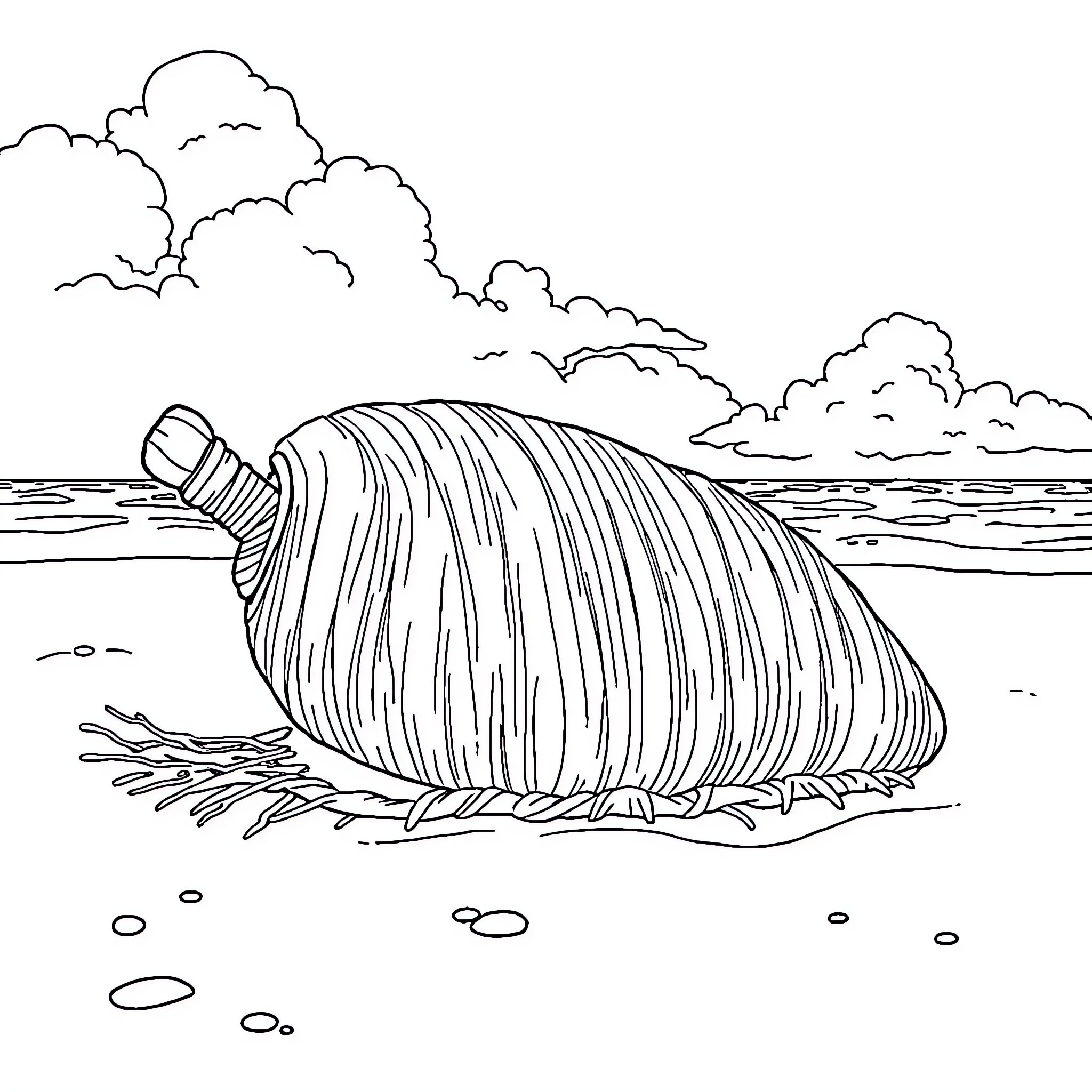 Watermelon-shaped shipwreck on beach Coloring Page (free black-and-white line drawing printable PDF for all, from beginners to advanced learners, including children, teens, adults, and seniors)
