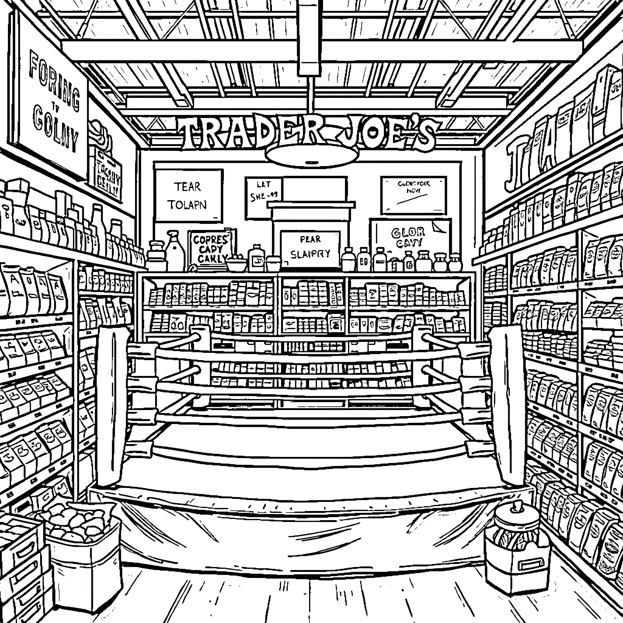 Boxing Ring of Grocery Store Aisles Coloring Page (free black-and-white line drawing printable PDF for all, from beginners to advanced learners, including children, teens, adults, and seniors)