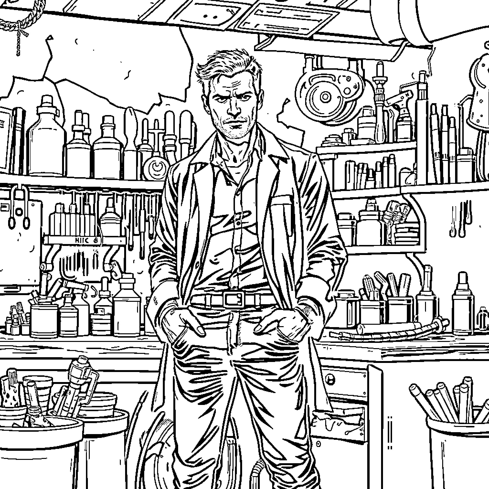 Dexter Morgan in his forensic lab Coloring Page (free black-and-white line drawing printable PDF for all, from beginners to advanced learners, including children, teens, adults, and seniors)