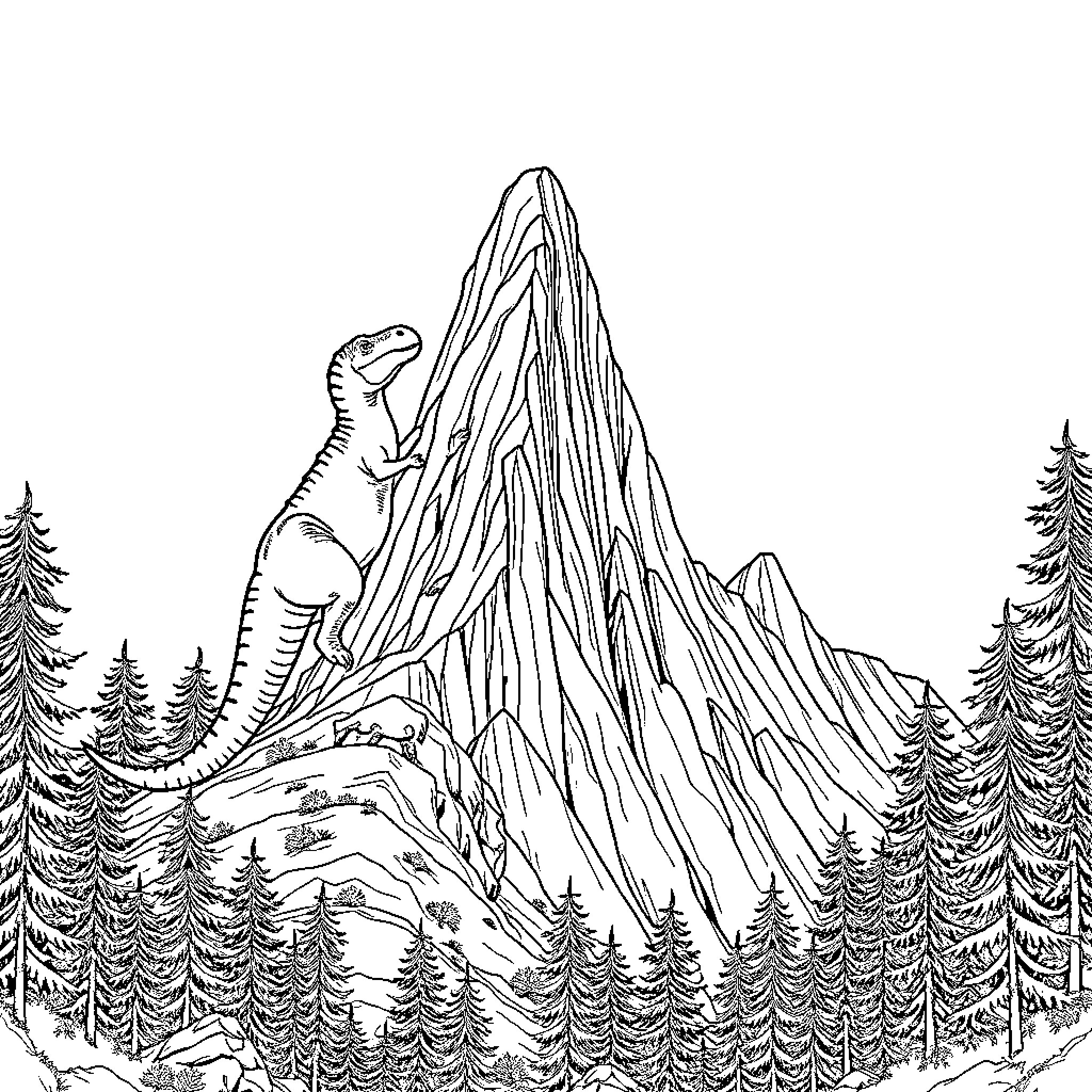 T-Rex roaring atop a majestic mountain landscape Coloring Page (free black-and-white line drawing printable PDF for all, from beginners to advanced learners, including children, teens, adults, and seniors)