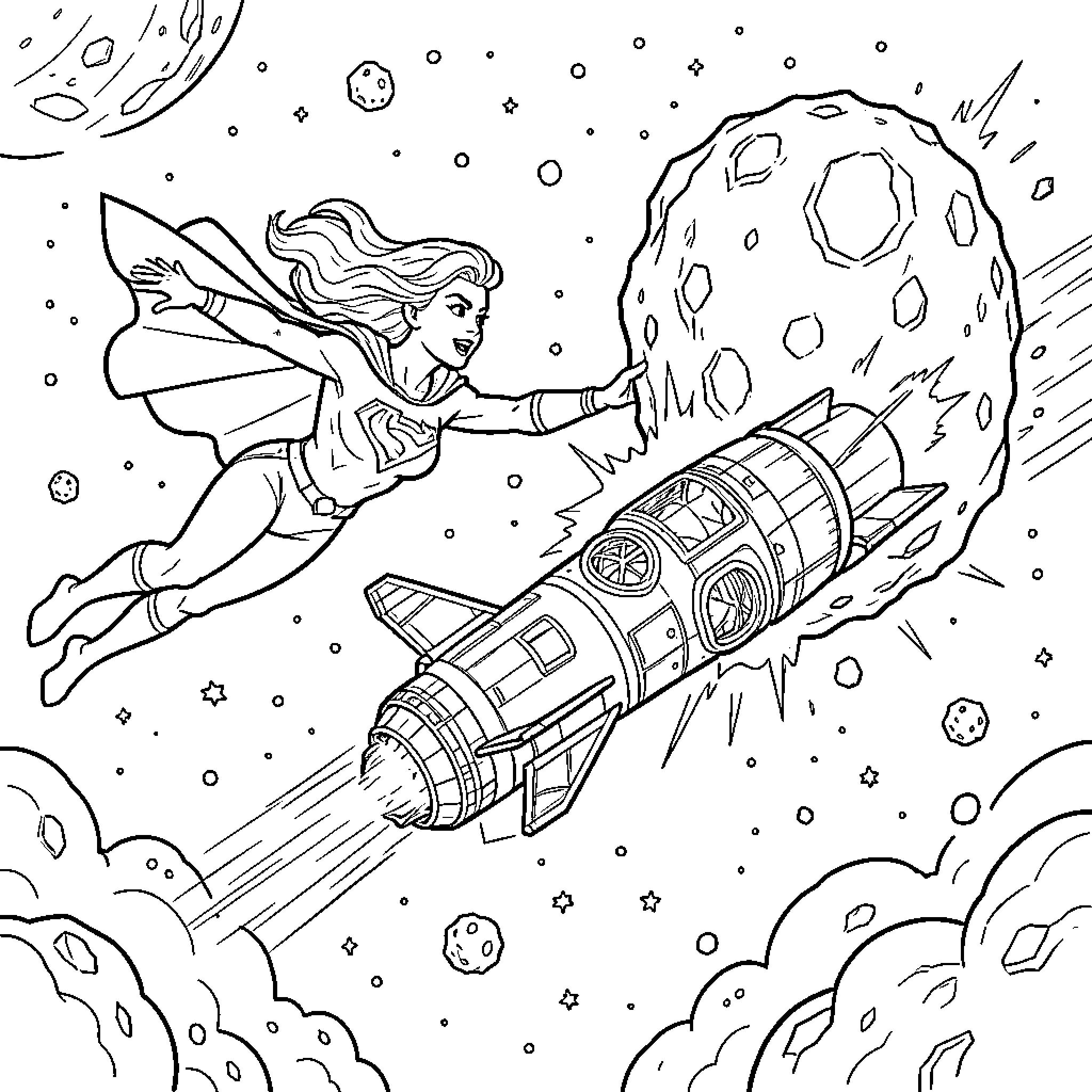Supergirl flying through space pushing a large asteroid Coloring Page (free black-and-white line drawing printable PDF for all, from beginners to advanced learners, including children, teens, adults, and seniors)