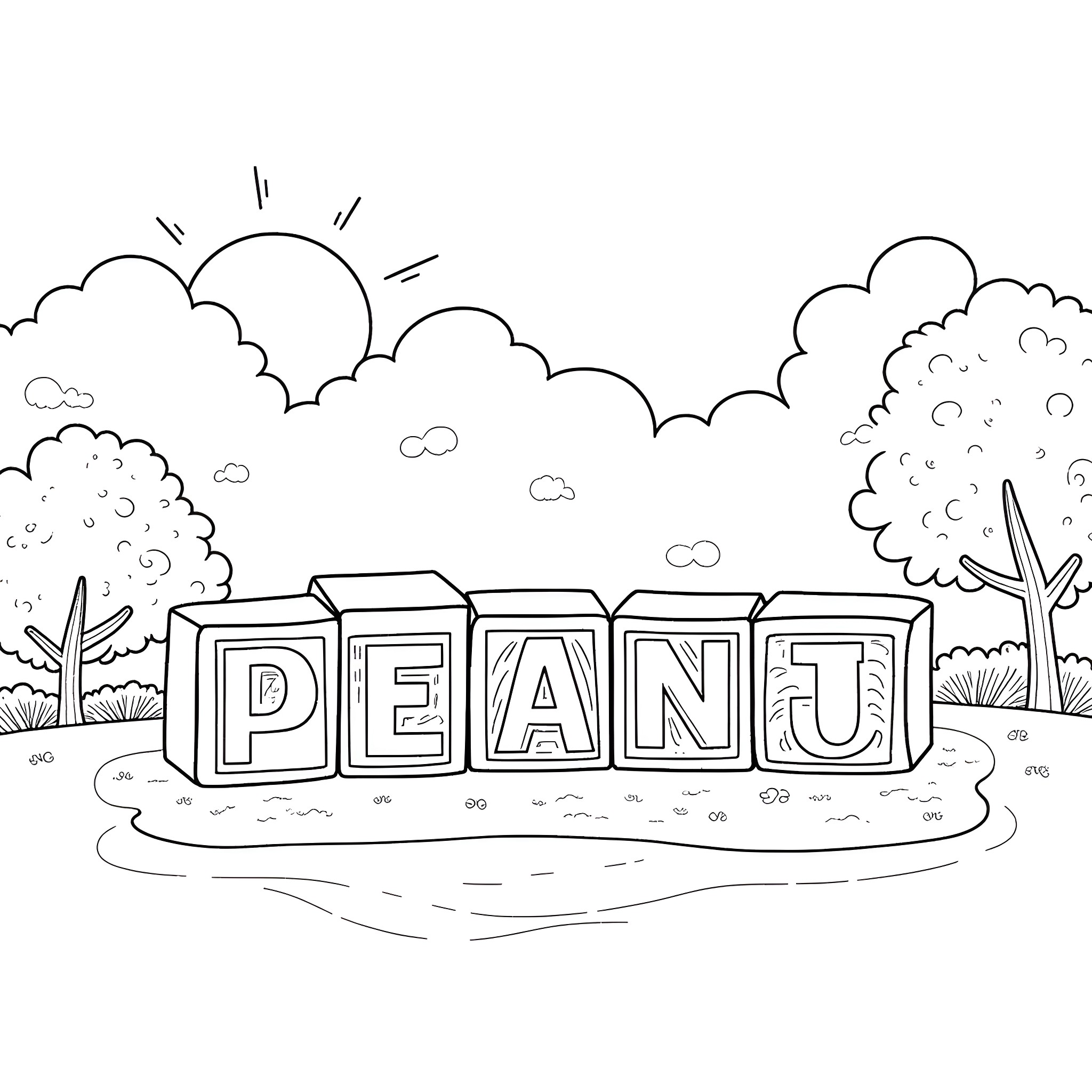 Number of Blocks Spelling 'Peanut' in the Landscape Coloring Page (free black-and-white line drawing printable PDF for all, from beginners to advanced learners, including children, teens, adults, and seniors)