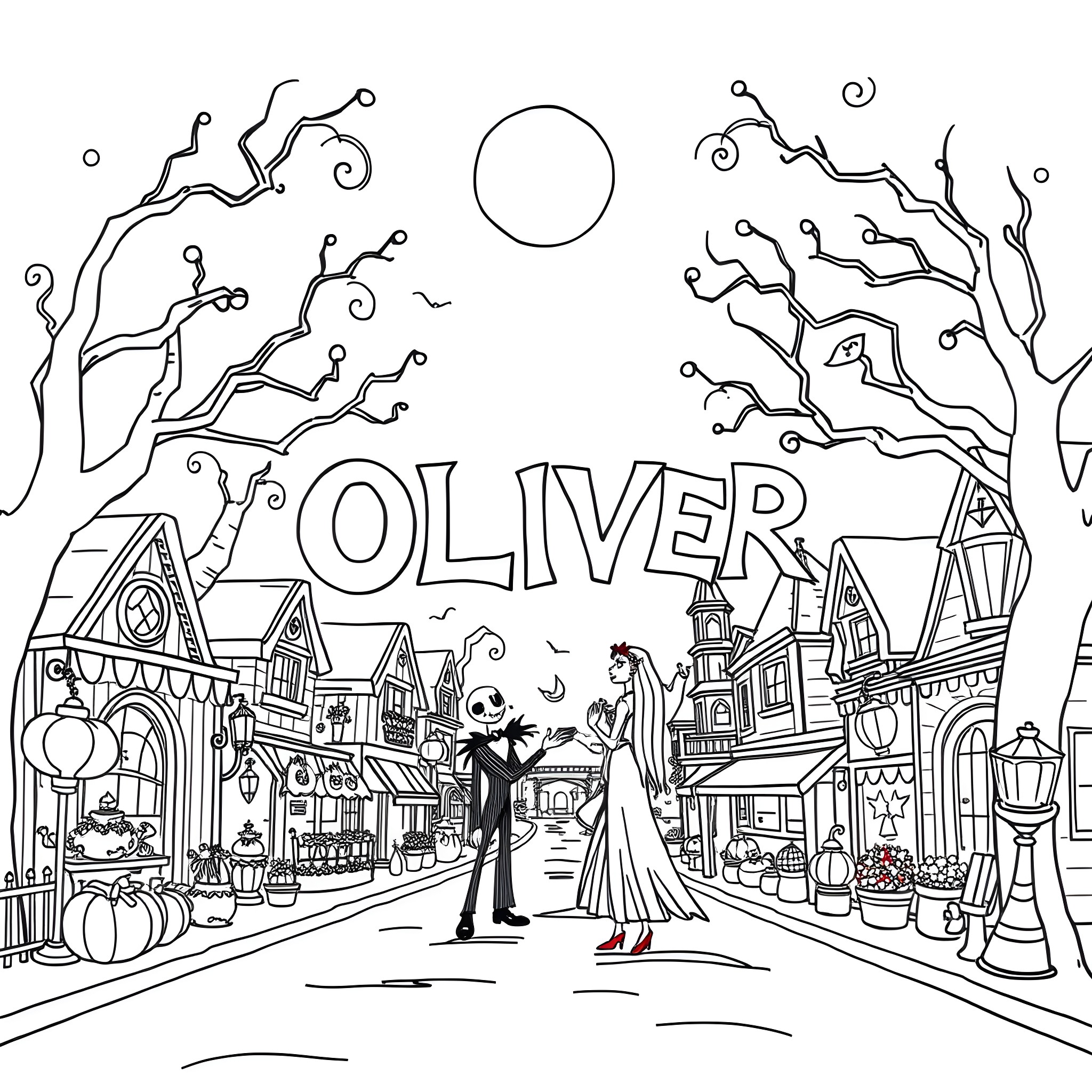 Oliver's whimsical adventure in a charming town Coloring Page (free black-and-white line drawing printable PDF for all, from beginners to advanced learners, including children, teens, adults, and seniors)