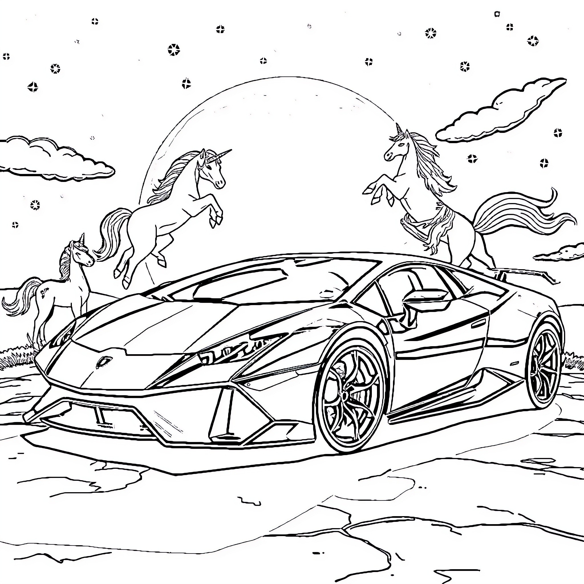 Lamborghini supercars racing with unicorns in the night sky Coloring Page (free black-and-white line drawing printable PDF for all, from beginners to advanced learners, including children, teens, adults, and seniors)