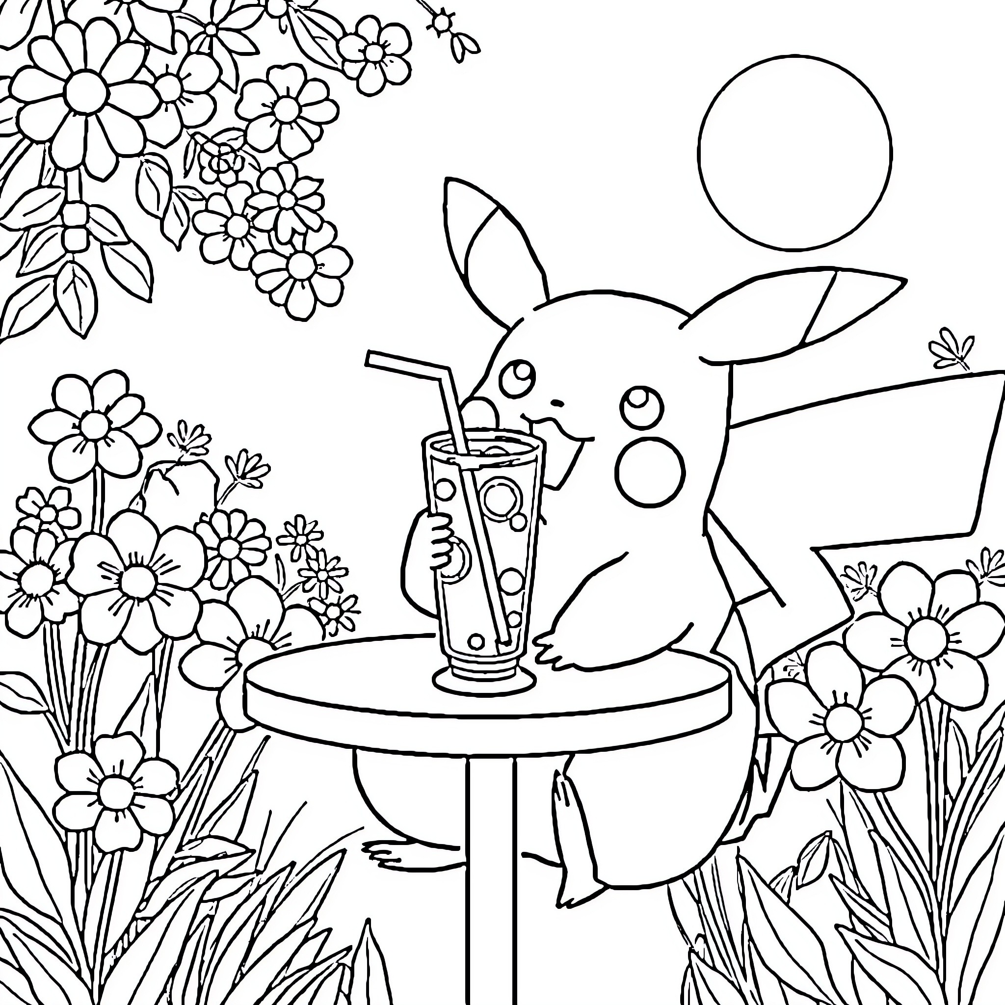 Pikachu enjoying a refreshing drink in a floral garden Coloring Page (free black-and-white line drawing printable PDF for all, from beginners to advanced learners, including children, teens, adults, and seniors)