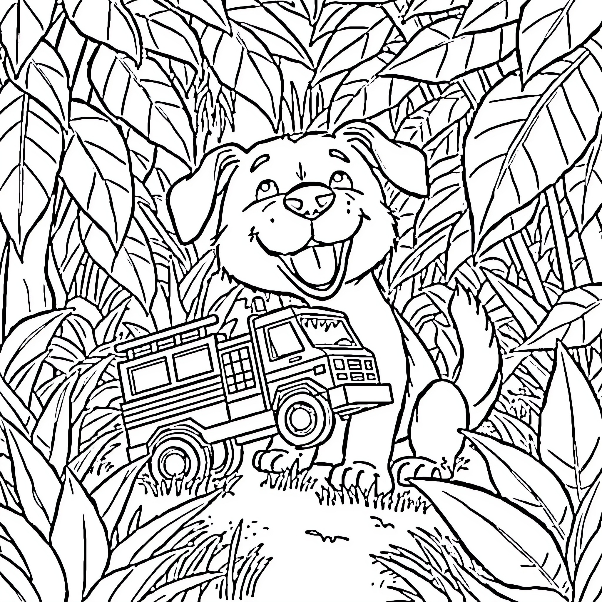 Dog playing with toy fire truck in jungle Coloring Page (free black-and-white line drawing printable PDF for all, from beginners to advanced learners, including children, teens, adults, and seniors)