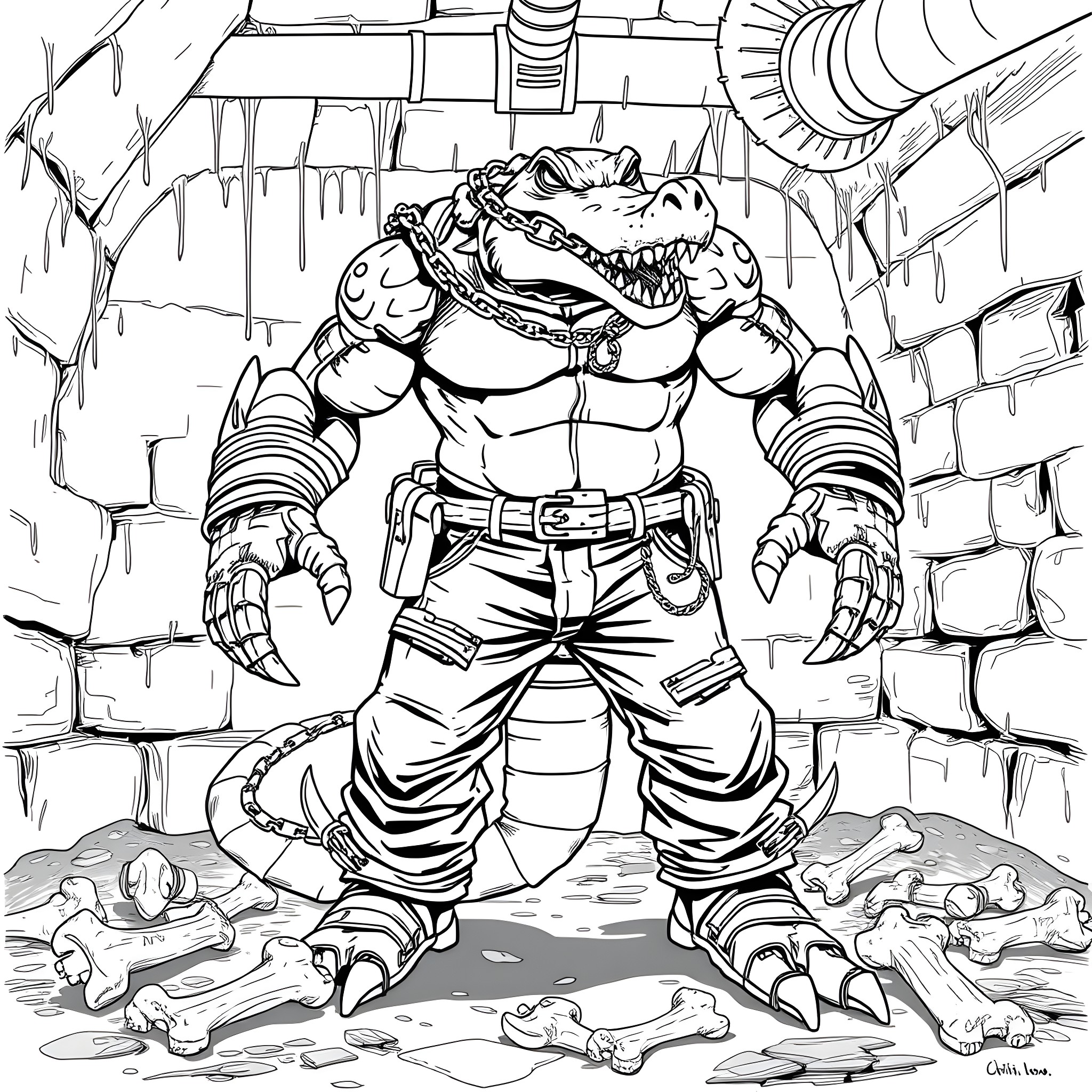 Killer Croc breaks through the dungeon walls Coloring Page (free black-and-white line drawing printable PDF for all, from beginners to advanced learners, including children, teens, adults, and seniors)