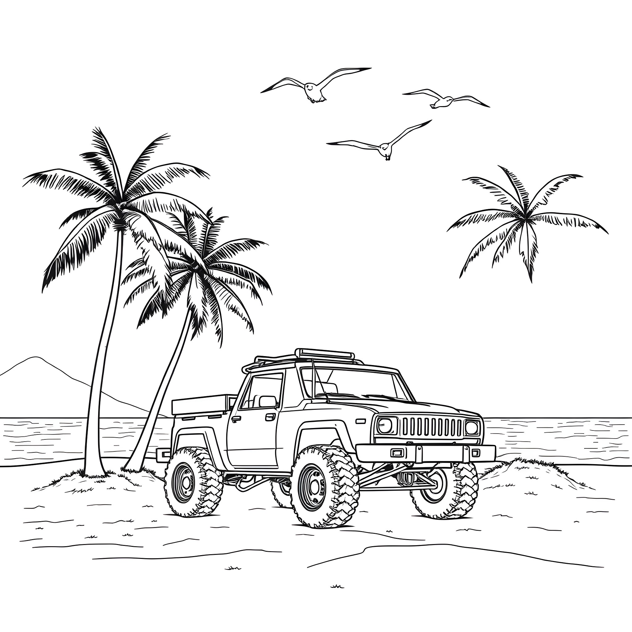 Truck off-roading on tropical beach with palm trees Coloring Page (free black-and-white line drawing printable PDF for all, from beginners to advanced learners, including children, teens, adults, and seniors)