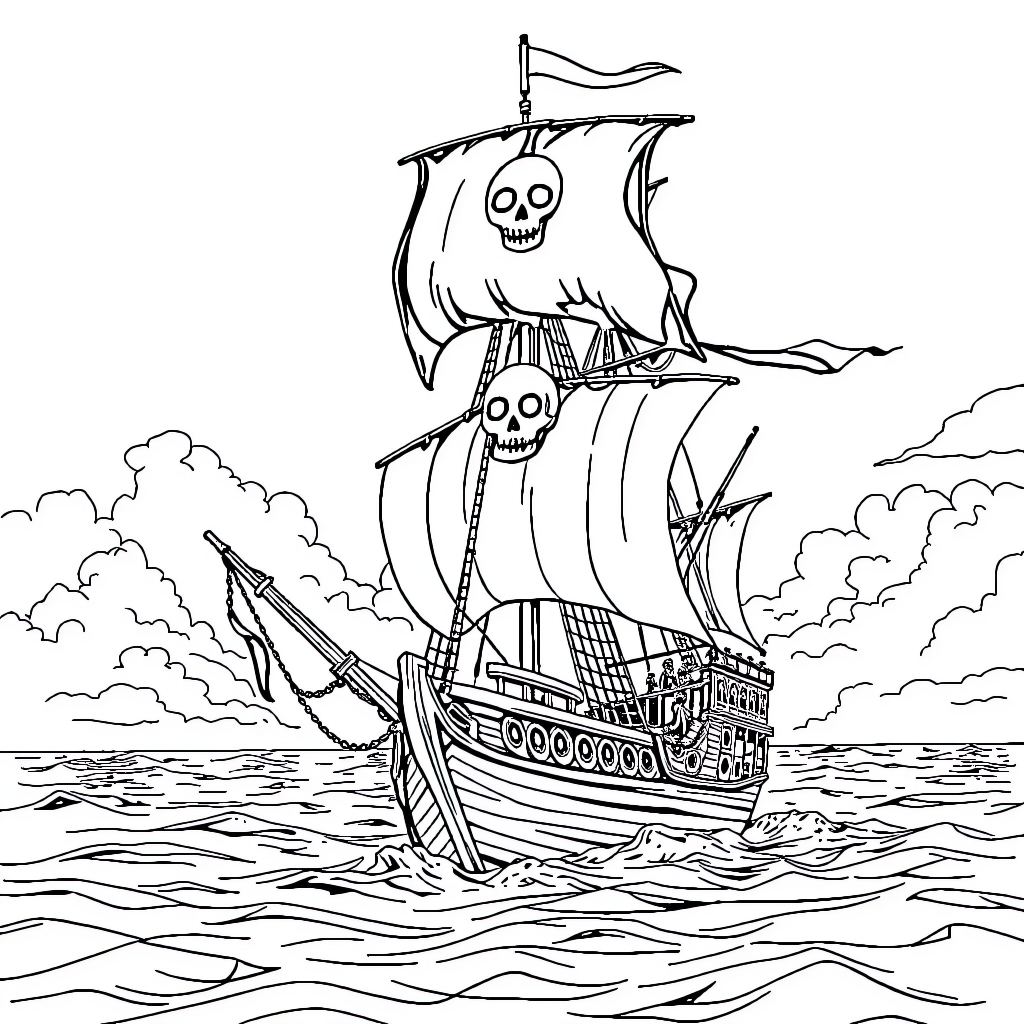 Ship with Skull Flags Sailing on the Stormy Seas Coloring Page (free black-and-white line drawing printable PDF for all, from beginners to advanced learners, including children, teens, adults, and seniors)