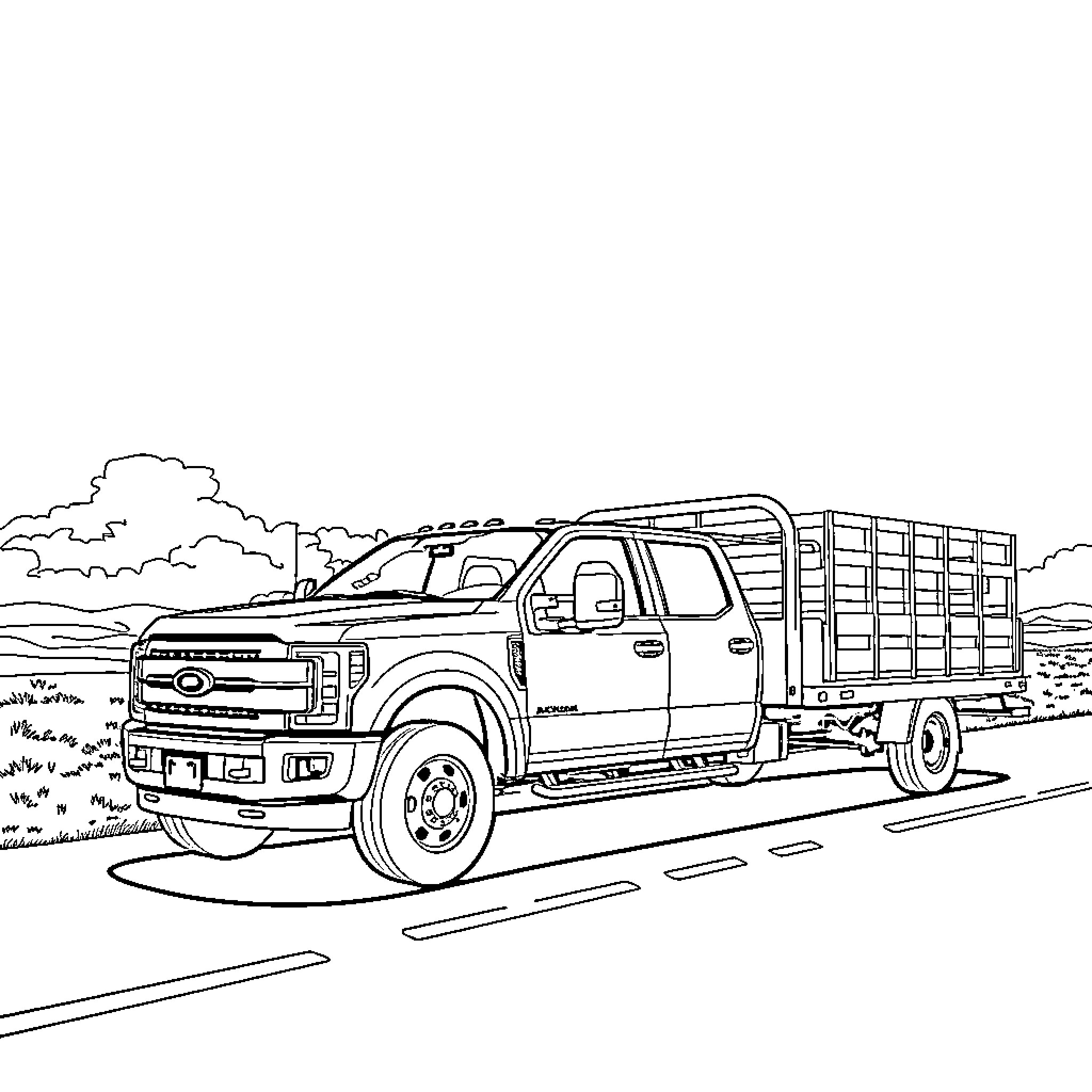 Pickup Truck Loaded with Cargo on Country Road Coloring Page (free black-and-white line drawing printable PDF for all, from beginners to advanced learners, including children, teens, adults, and seniors)