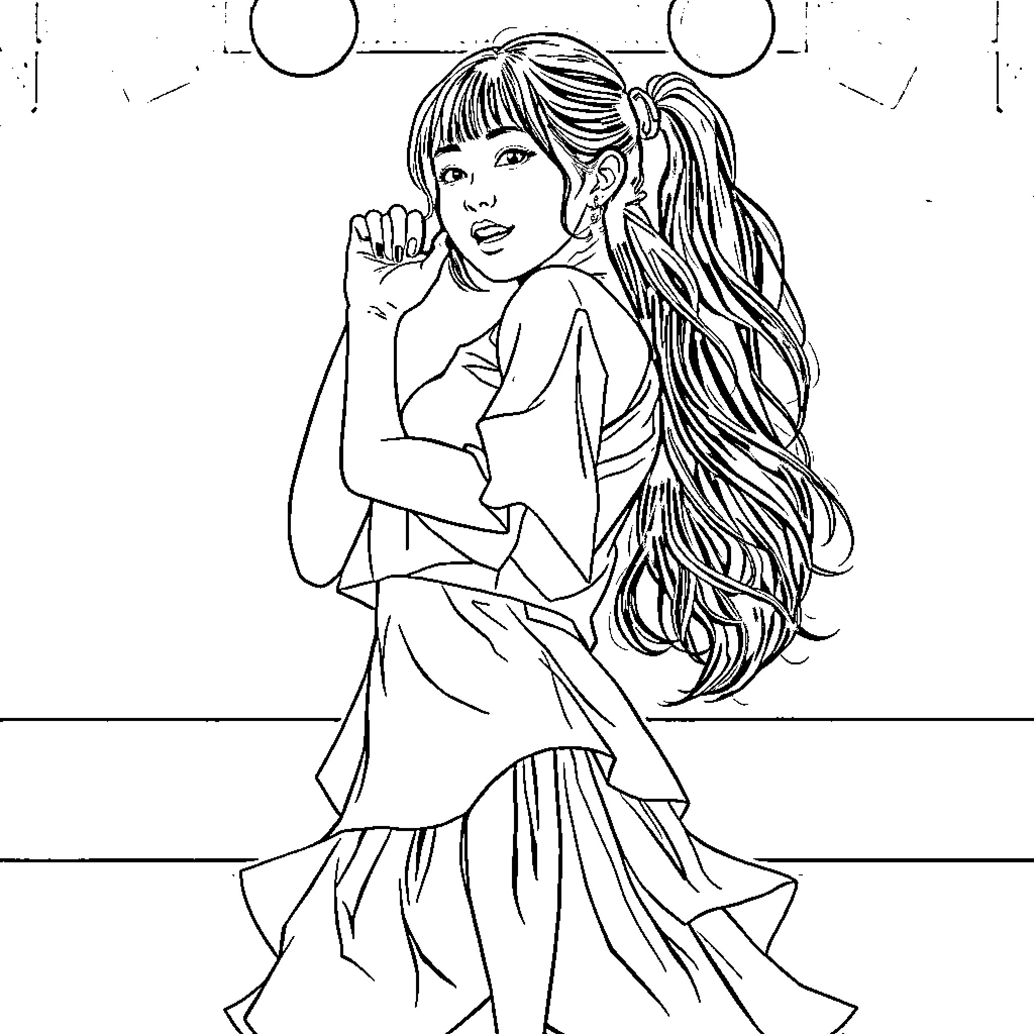 Rumi in a flowing dress, lost in thought Coloring Page (free black-and-white line drawing printable PDF for all, from beginners to advanced learners, including children, teens, adults, and seniors)