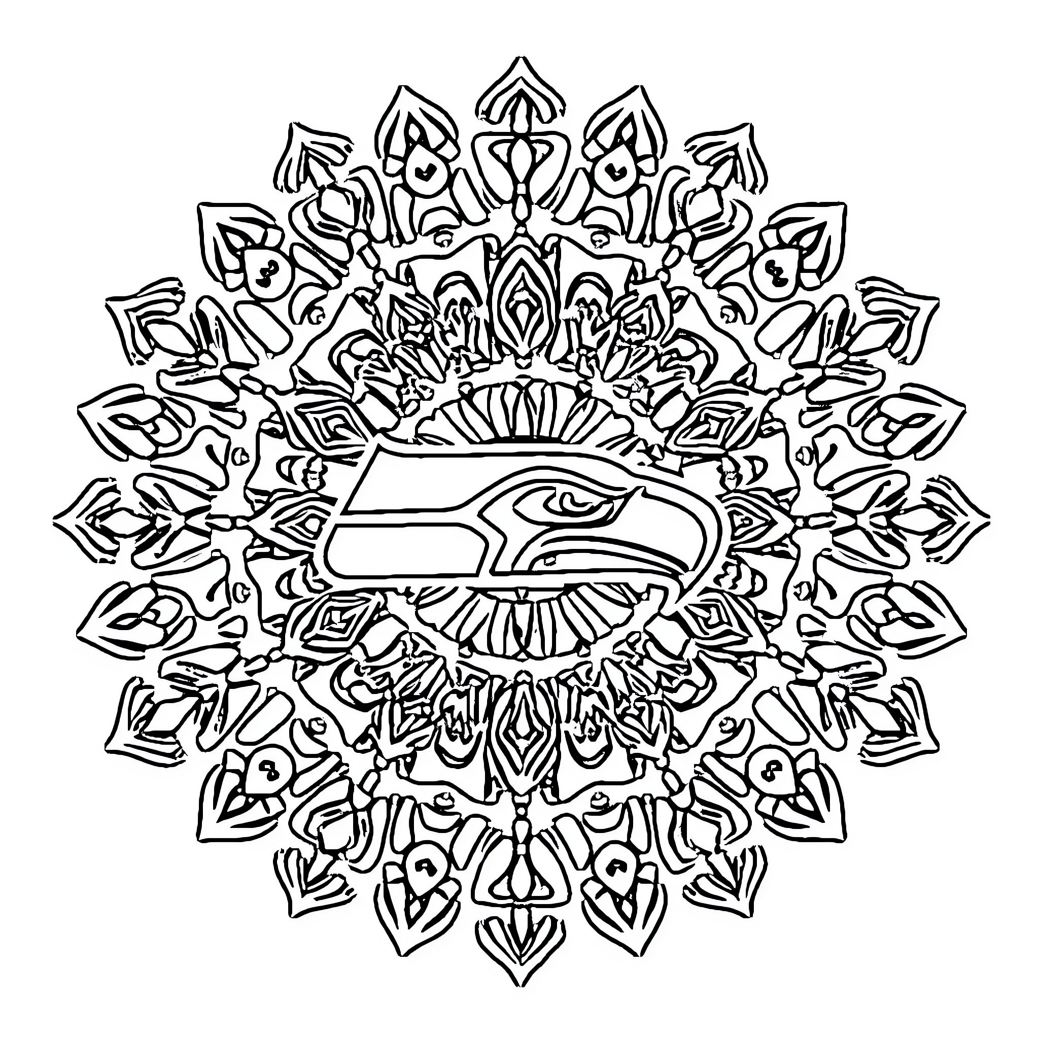 Seattle Seahawks Mandala-Style Decorative Design Coloring Page (free black-and-white line drawing printable PDF for all, from beginners to advanced learners, including children, teens, adults, and seniors)