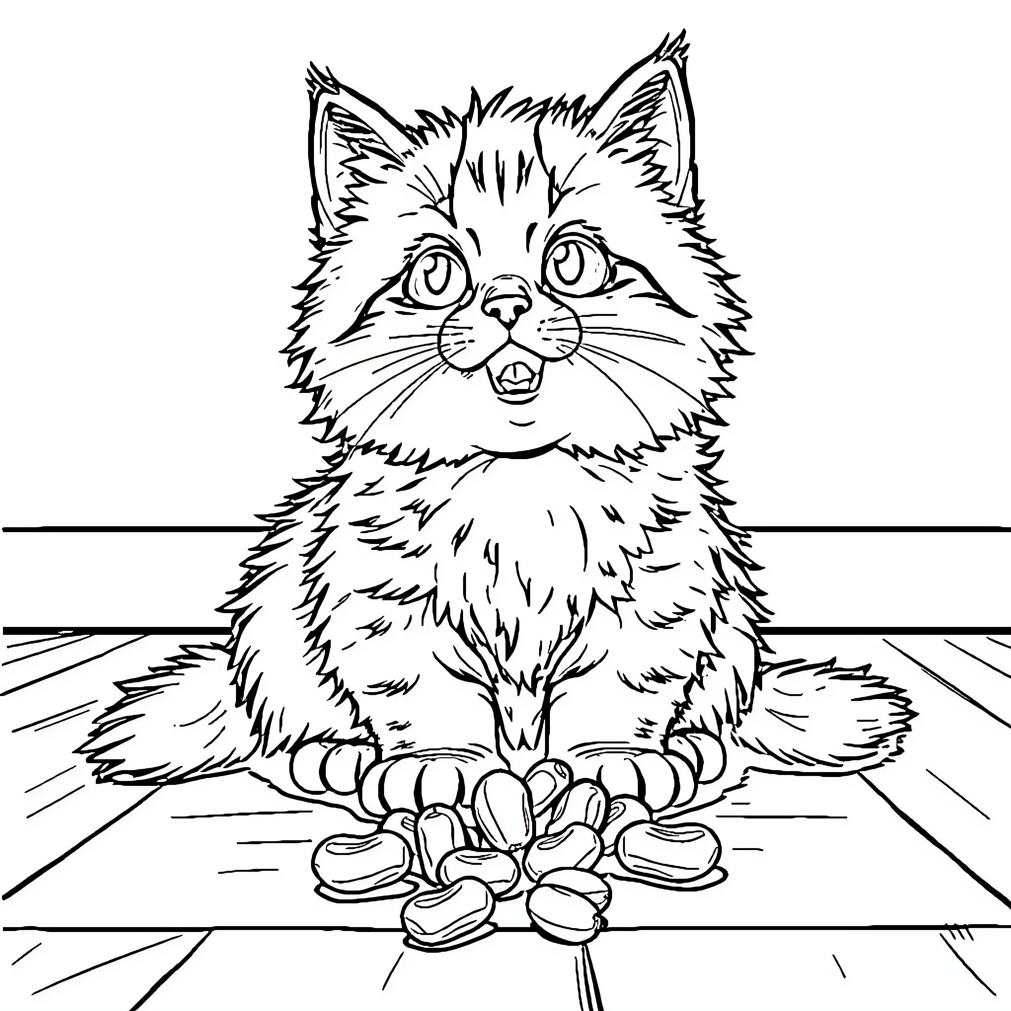 Cat sitting attentively with paws on objects Coloring Page (free black-and-white line drawing printable PDF for all, from beginners to advanced learners, including children, teens, adults, and seniors)