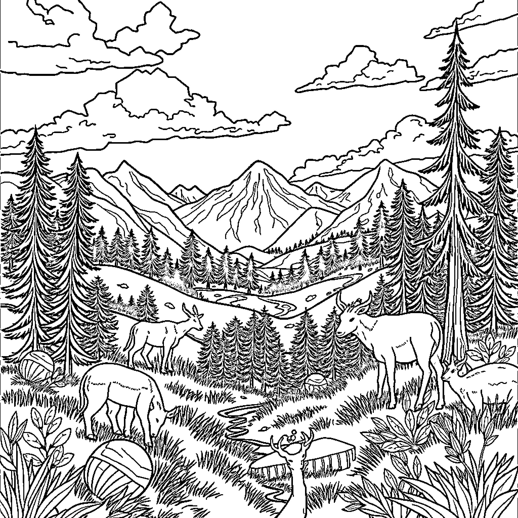 Huntrix Forest Landscape with Wildlife Coloring Page (free black-and-white line drawing printable PDF for all, from beginners to advanced learners, including children, teens, adults, and seniors)