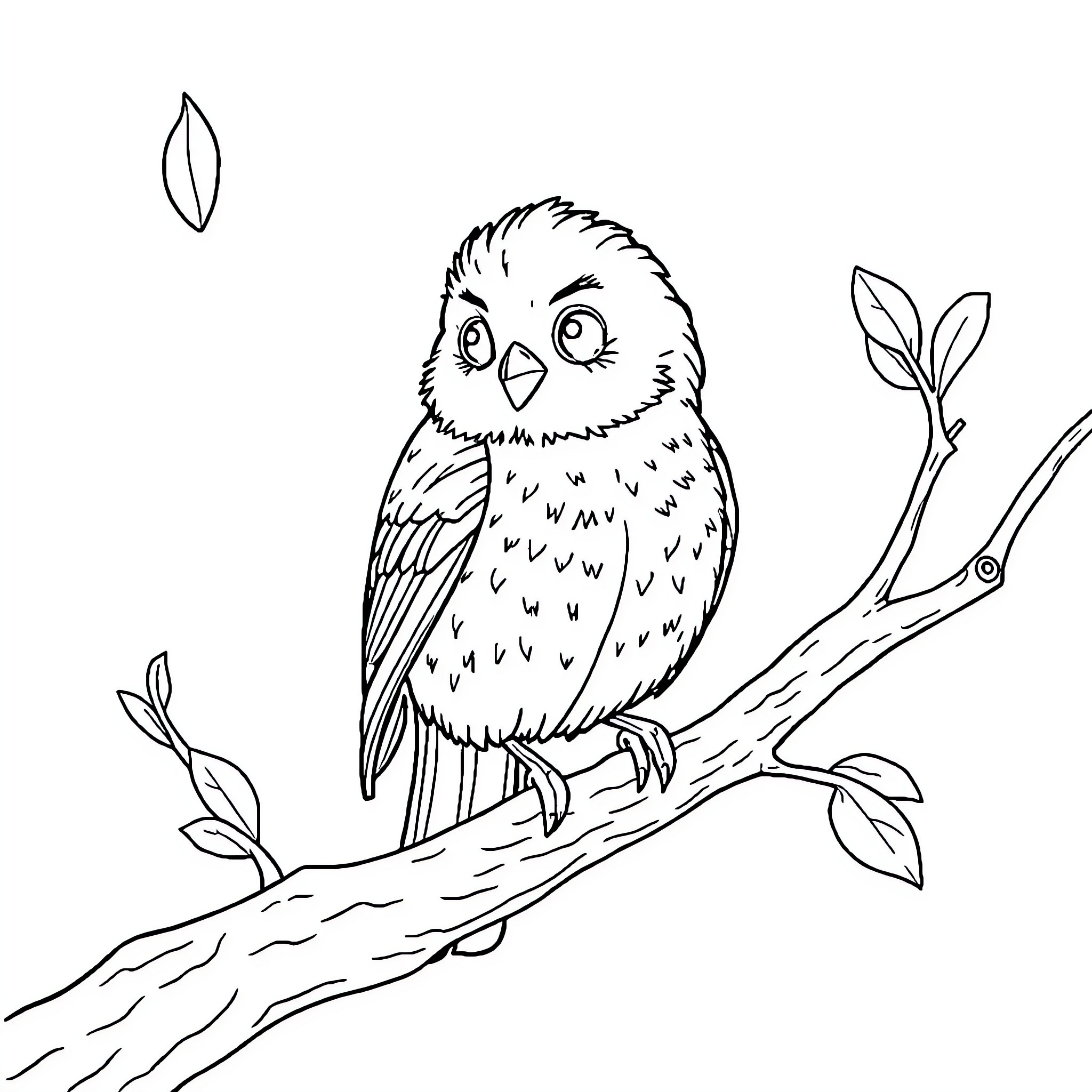 Owl perched curiously on branch Coloring Page (free black-and-white line drawing printable PDF for all, from beginners to advanced learners, including children, teens, adults, and seniors)
