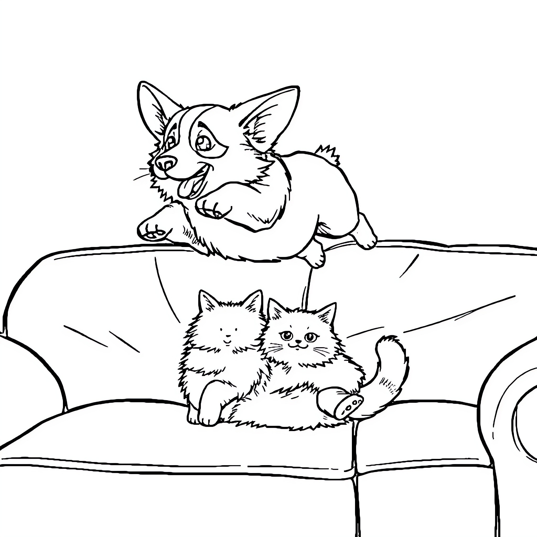 Corgi and Kittens Enjoying Couch Cuddles Coloring Page (free black-and-white line drawing printable PDF for all, from beginners to advanced learners, including children, teens, adults, and seniors)