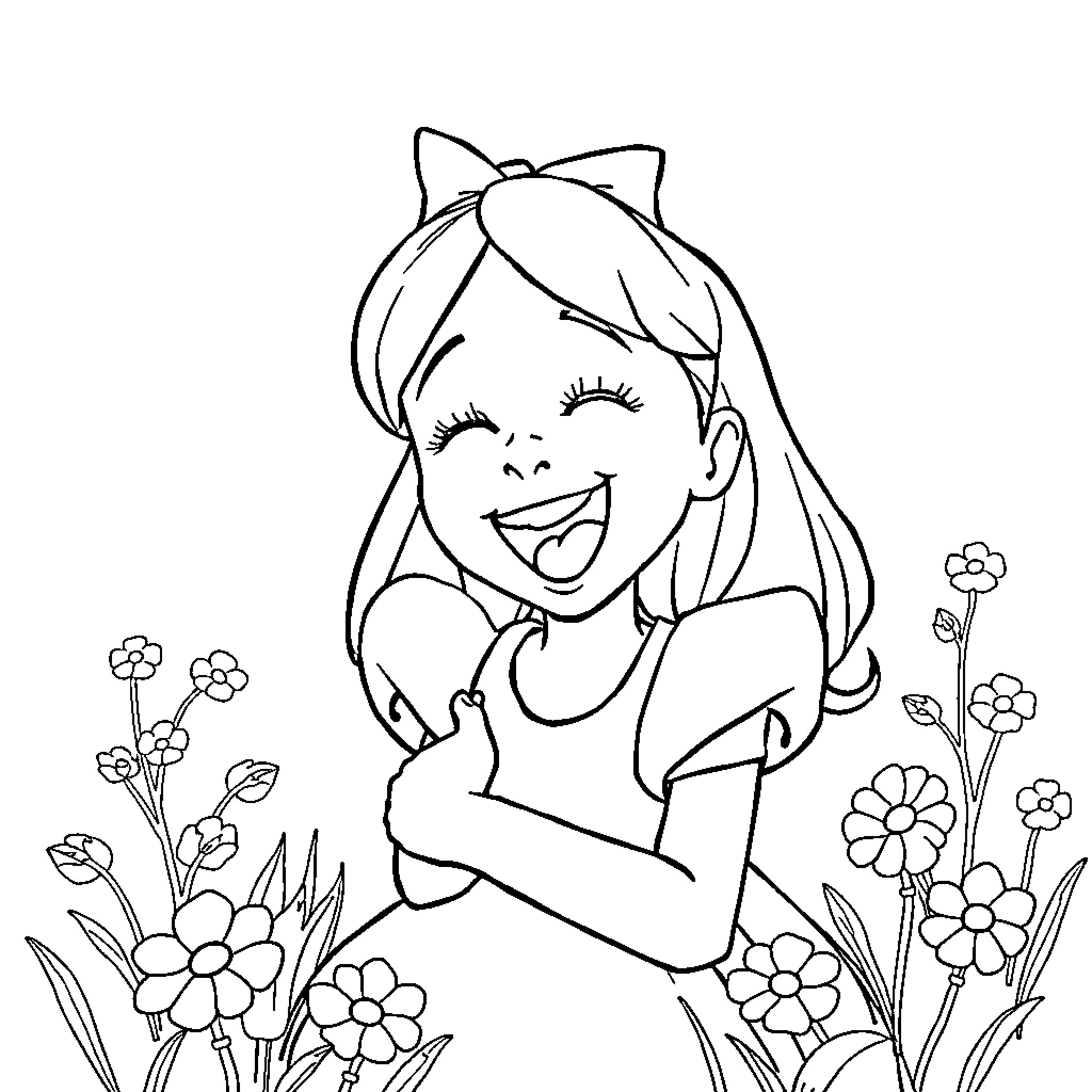 Alice's Joyful Flower Garden Adventure Coloring Page (free black-and-white line drawing printable PDF for all, from beginners to advanced learners, including children, teens, adults, and seniors)