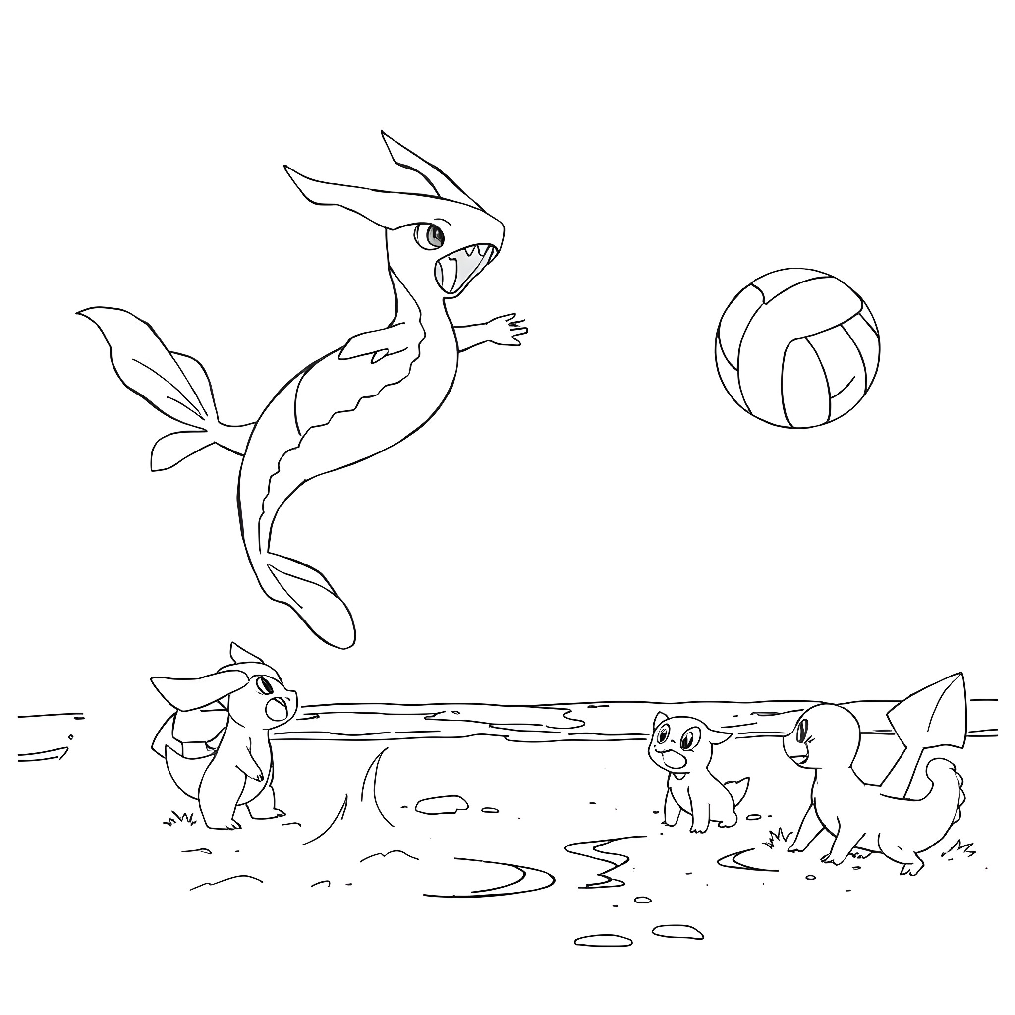 Milotic playing with friends in the ocean Coloring Page (free black-and-white line drawing printable PDF for all, from beginners to advanced learners, including children, teens, adults, and seniors)