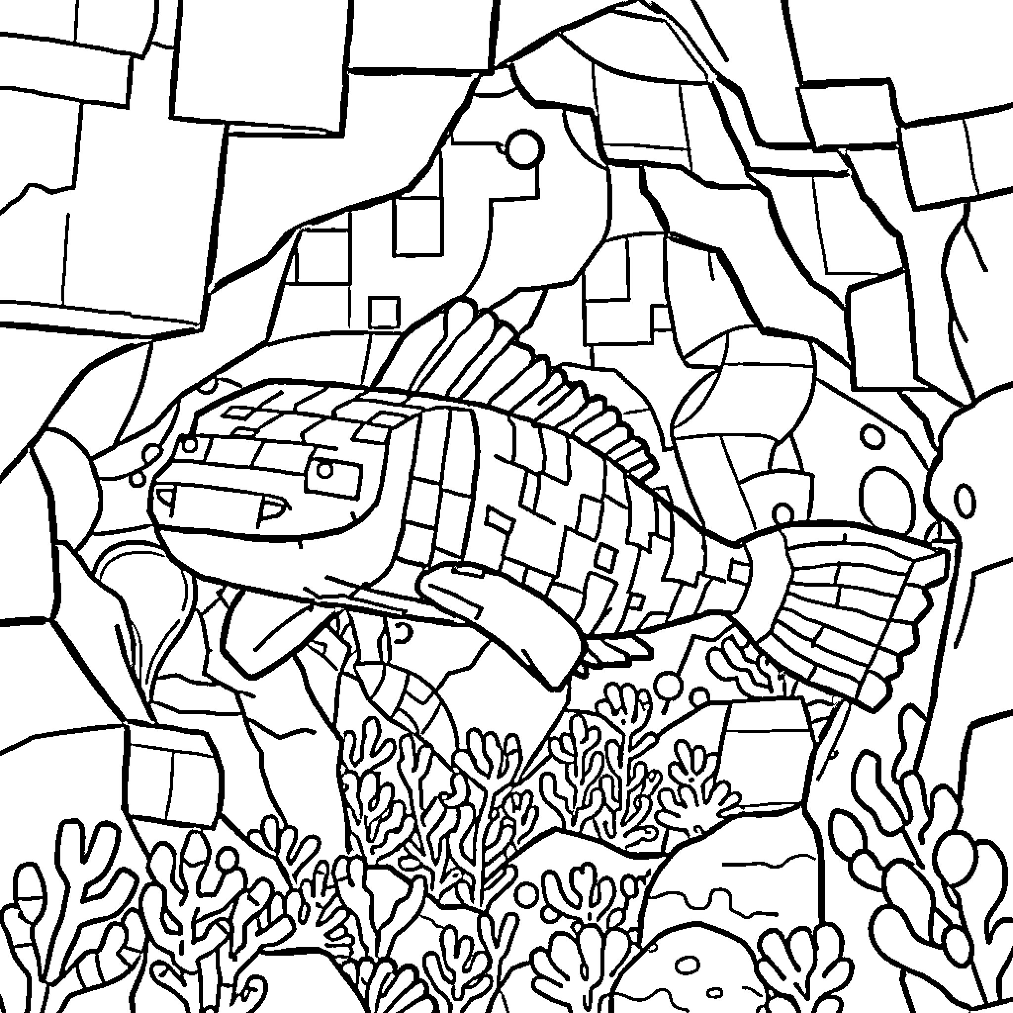 Axolotl swimming among the coral reef Coloring Page (free black-and-white line drawing printable PDF for all, from beginners to advanced learners, including children, teens, adults, and seniors)