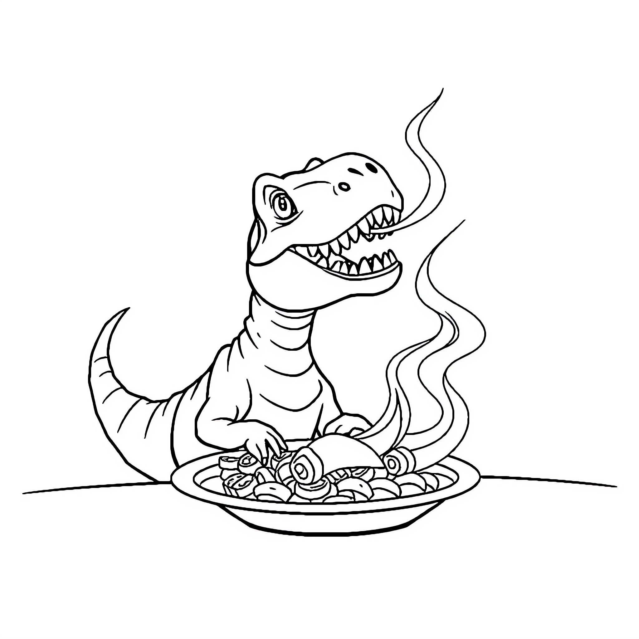 Dinosaur devouring a sizzling meal Coloring Page (free black-and-white line drawing printable PDF for all, from beginners to advanced learners, including children, teens, adults, and seniors)