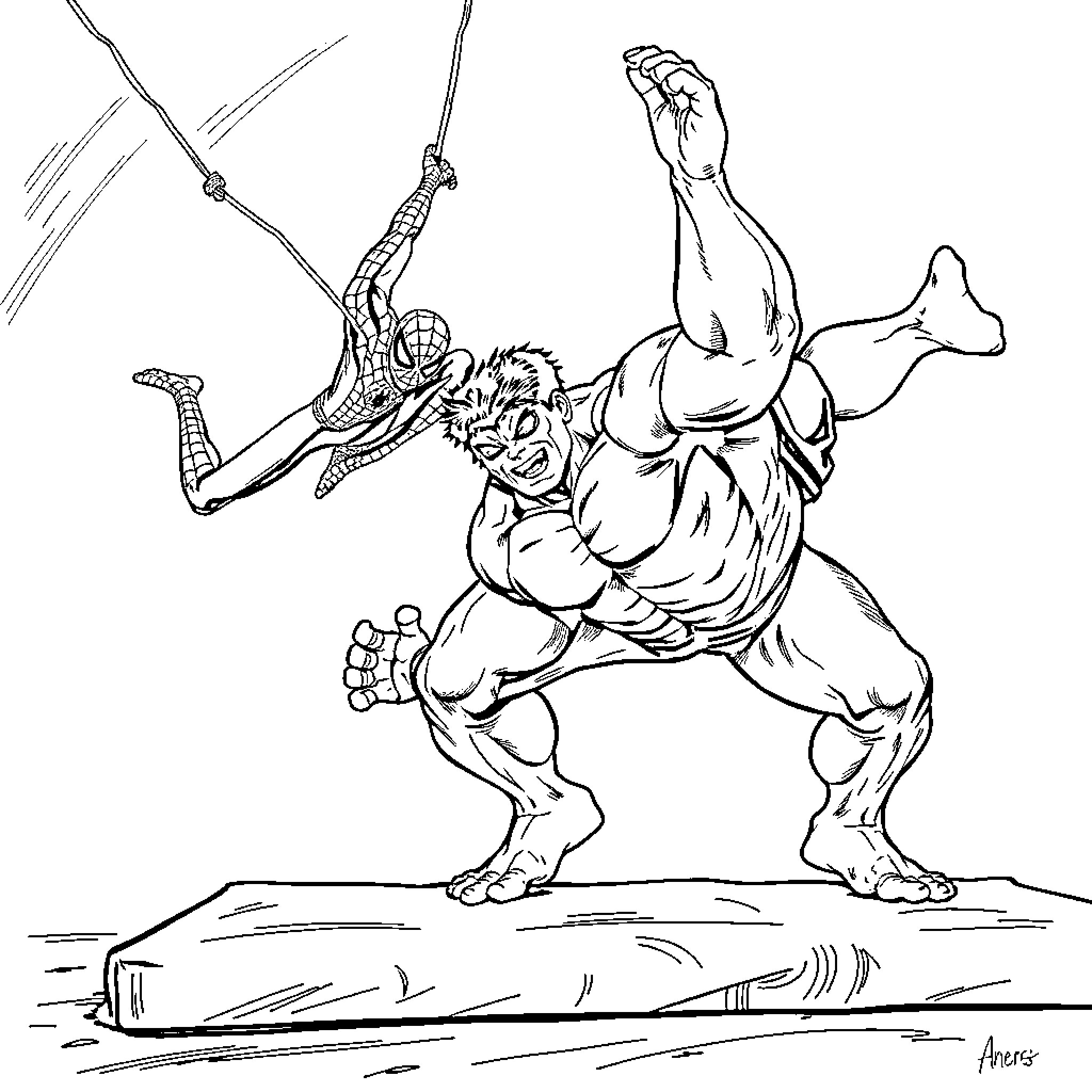 Spiderman in mid-air battle with muscular foe Coloring Page (free black-and-white line drawing printable PDF for all, from beginners to advanced learners, including children, teens, adults, and seniors)