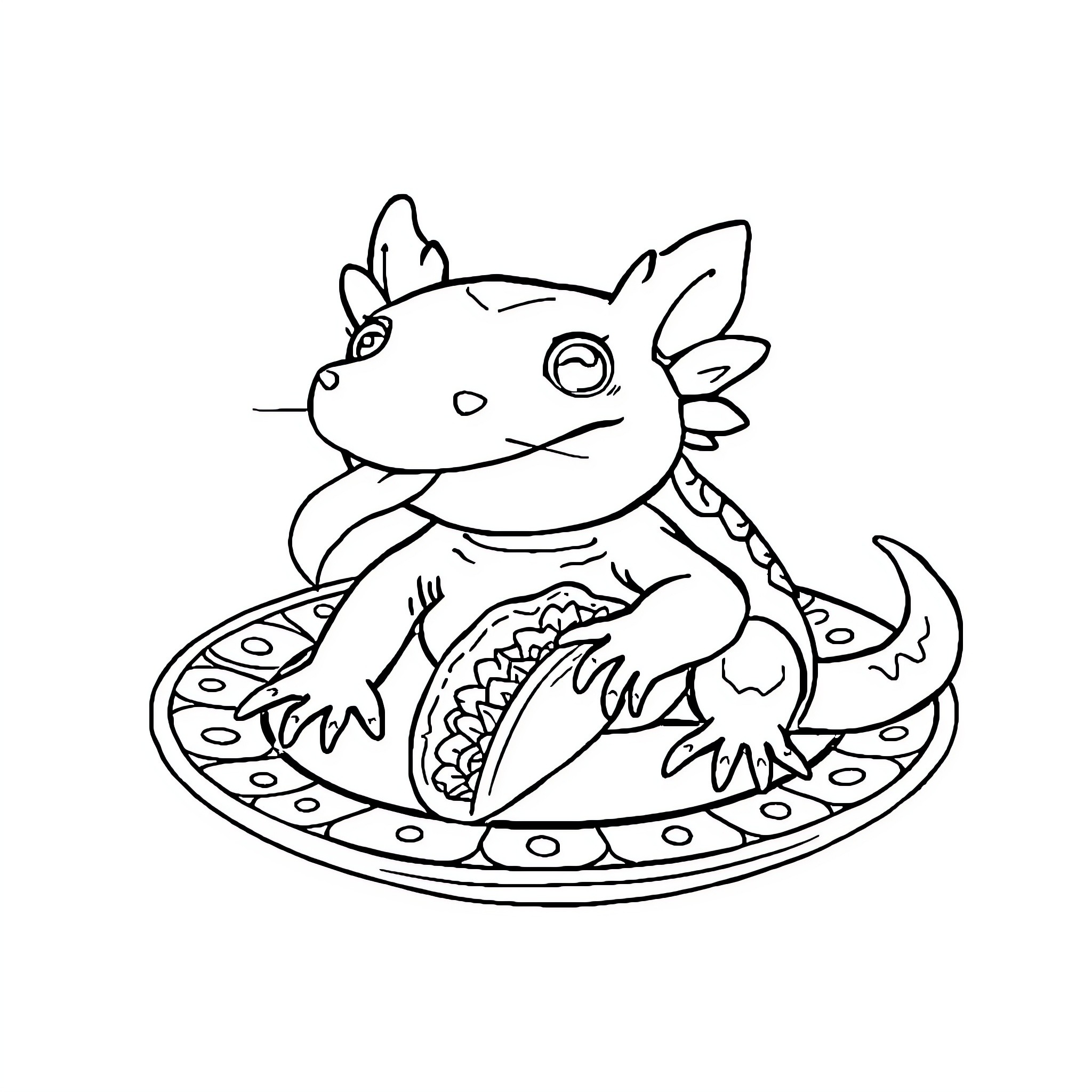 Axolotl resting on decorative plate Coloring Page (free black-and-white line drawing printable PDF for all, from beginners to advanced learners, including children, teens, adults, and seniors)