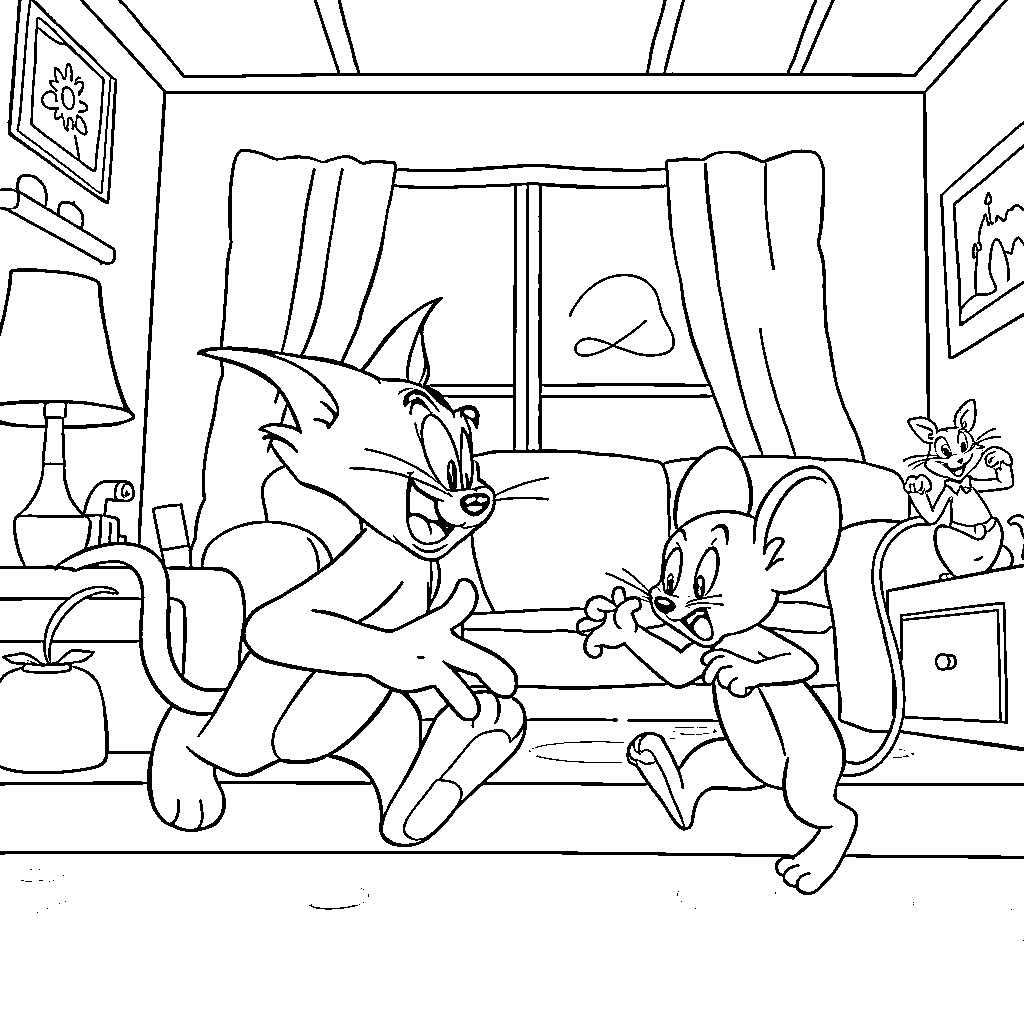 Tom and Jerry's Indoor Hijinks Coloring Page (free black-and-white line drawing printable PDF for all, from beginners to advanced learners, including children, teens, adults, and seniors)