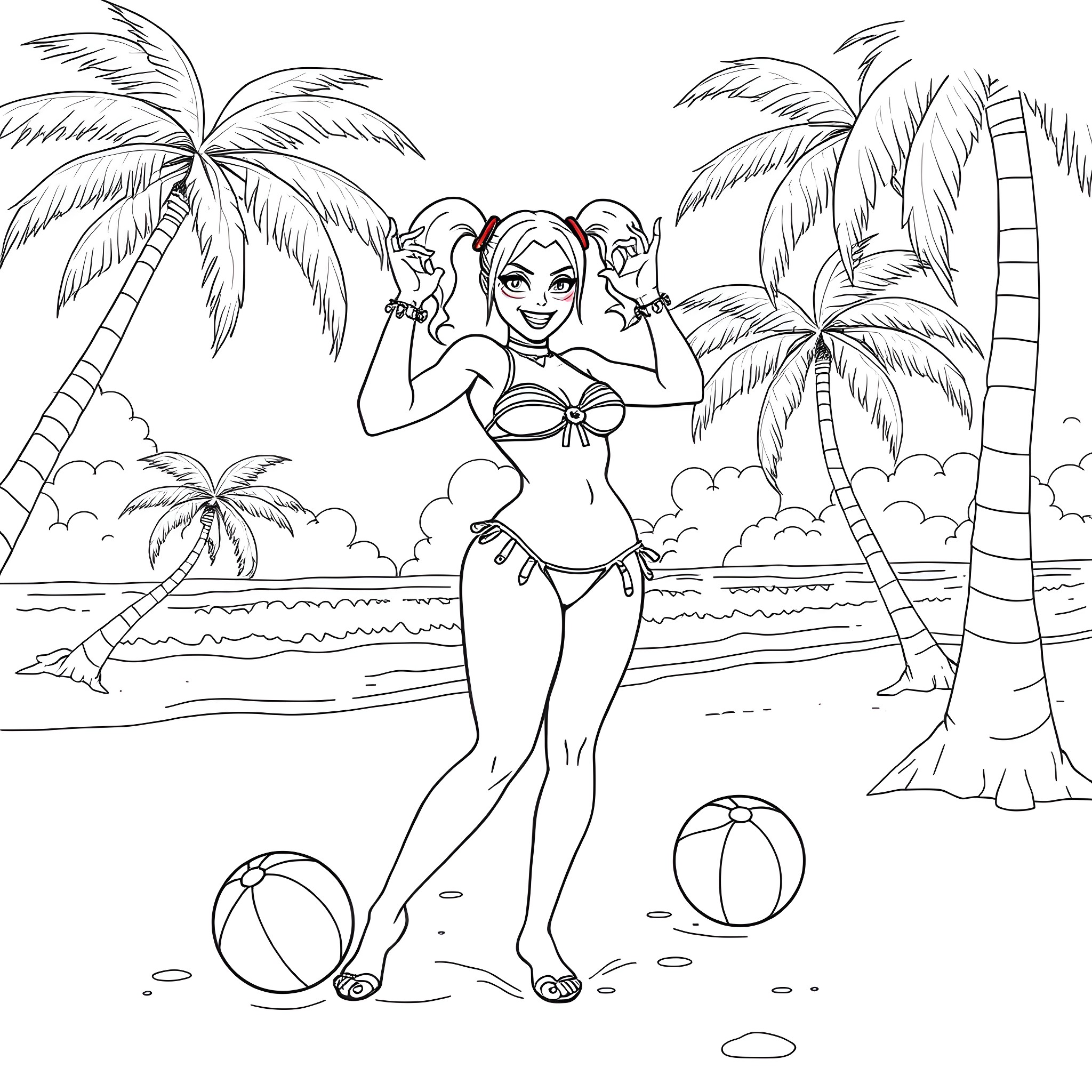 Harley Quinn enjoying a day at the beach Coloring Page (free black-and-white line drawing printable PDF for all, from beginners to advanced learners, including children, teens, adults, and seniors)