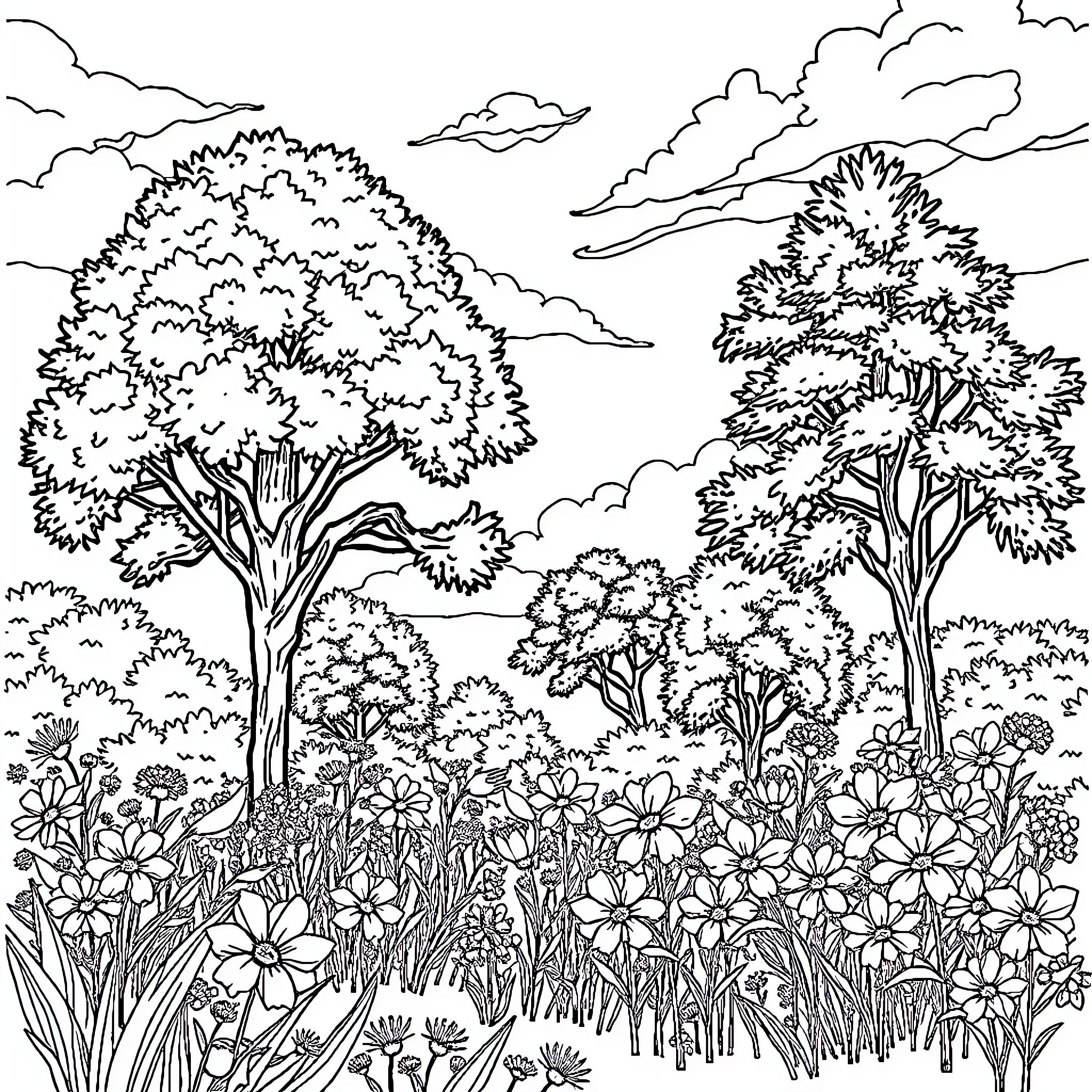 Nature's Vibrant Wilderness with Blossoming Flowers Coloring Page (free black-and-white line drawing printable PDF for all, from beginners to advanced learners, including children, teens, adults, and seniors)