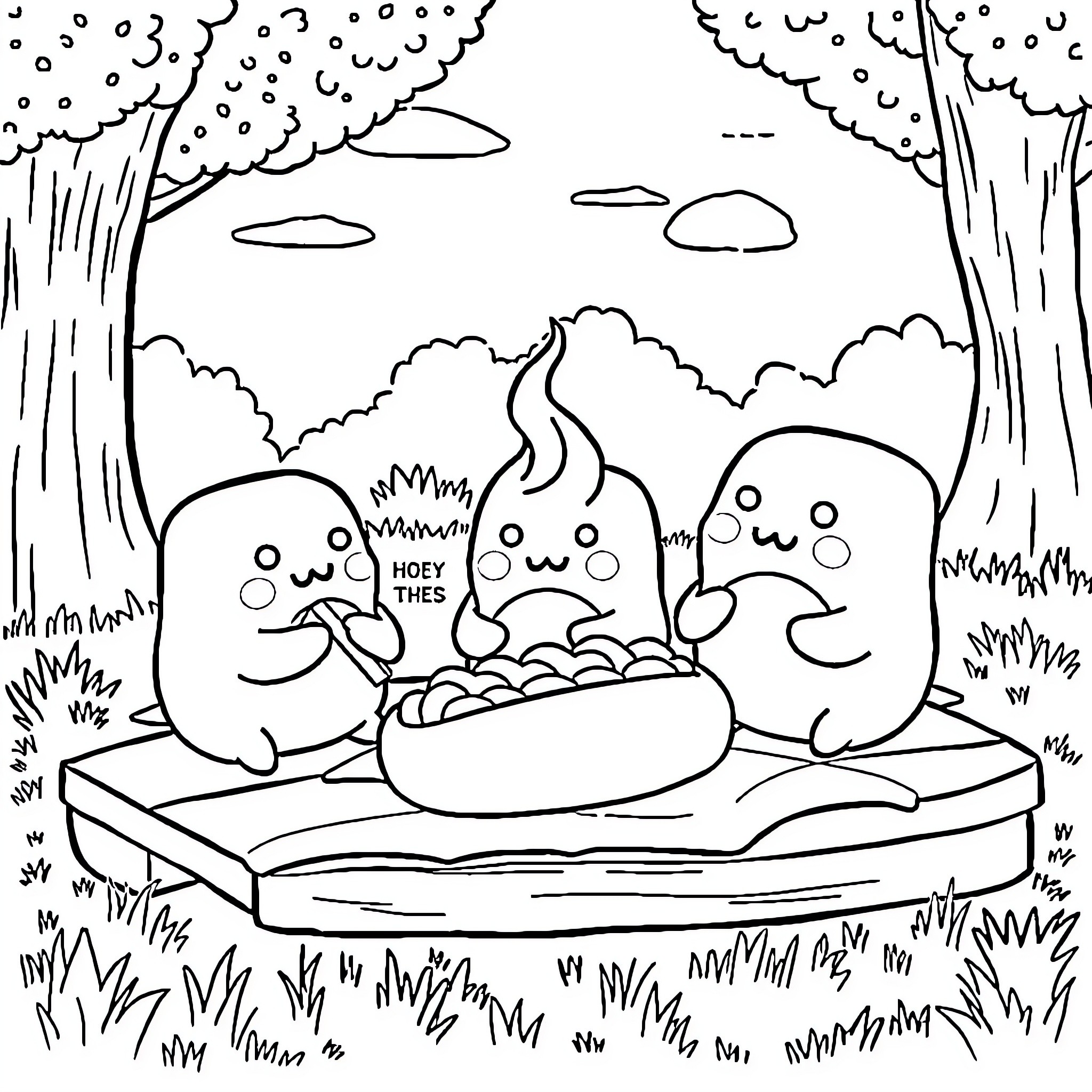Squishmallow characters having a picnic in the forest Coloring Page (free black-and-white line drawing printable PDF for all, from beginners to advanced learners, including children, teens, adults, and seniors)