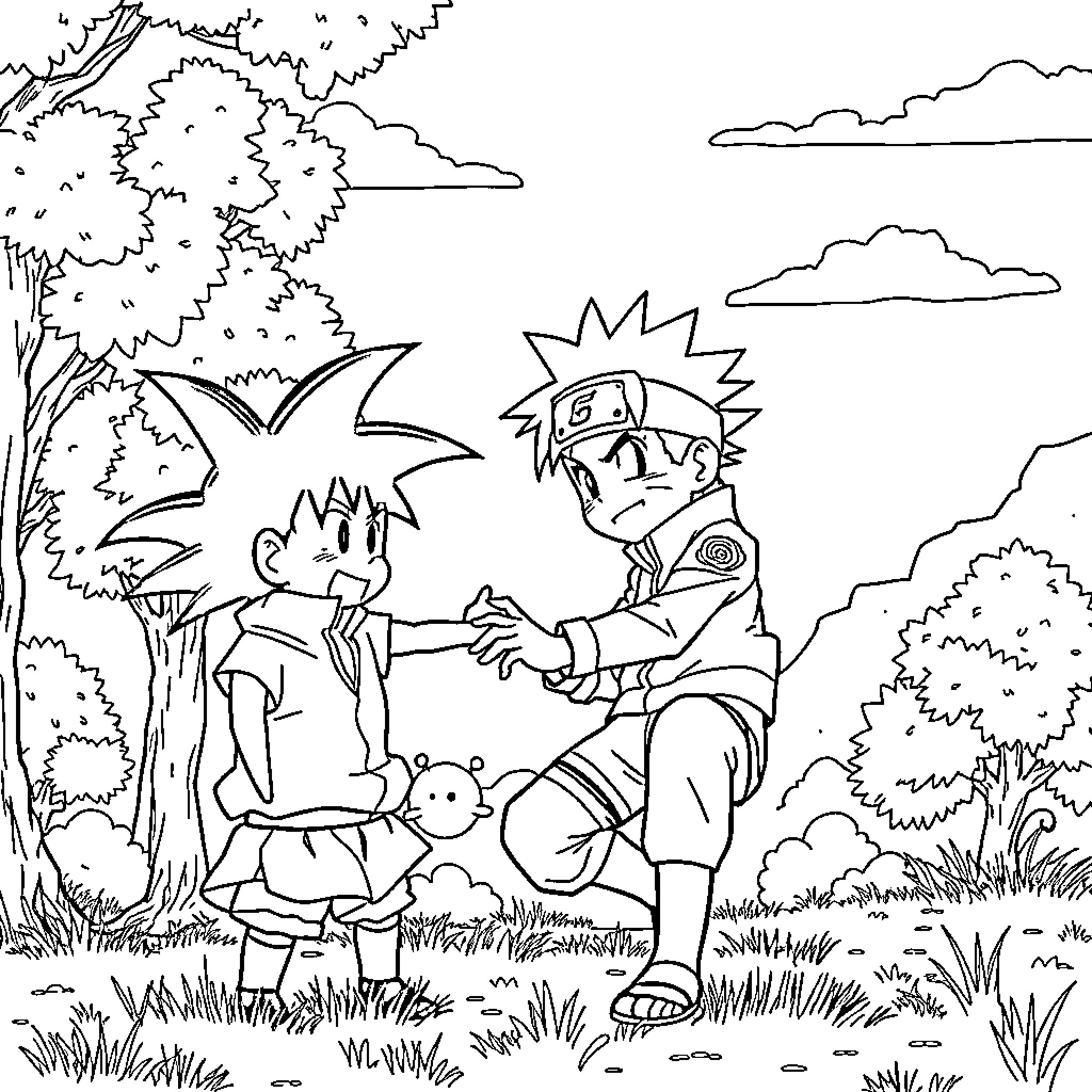 Naruto characters in outdoor adventure Coloring Page (free black-and-white line drawing printable PDF for all, from beginners to advanced learners, including children, teens, adults, and seniors)