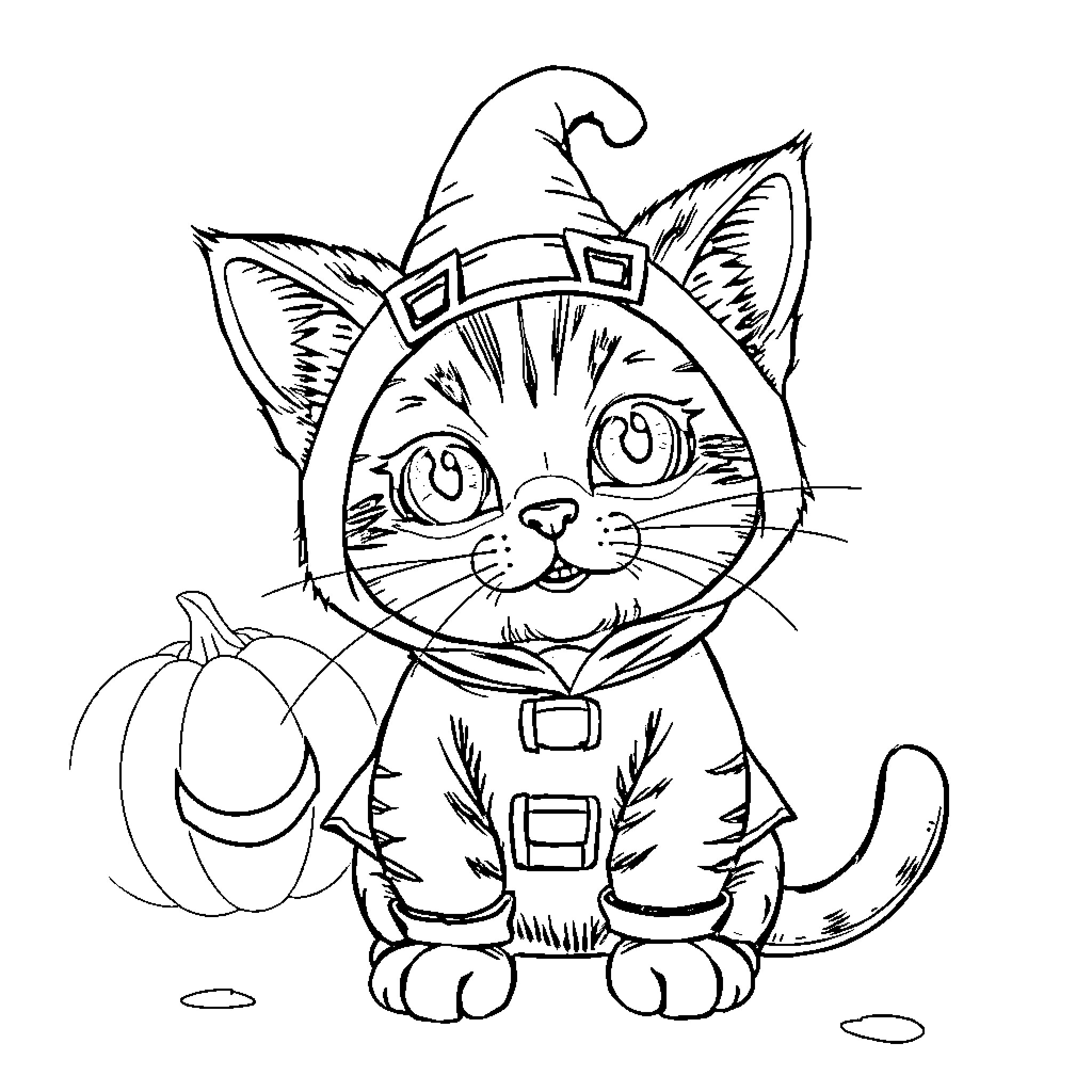 Kitty Cat in Festive Halloween Outfit Coloring Page (free black-and-white line drawing printable PDF for all, from beginners to advanced learners, including children, teens, adults, and seniors)