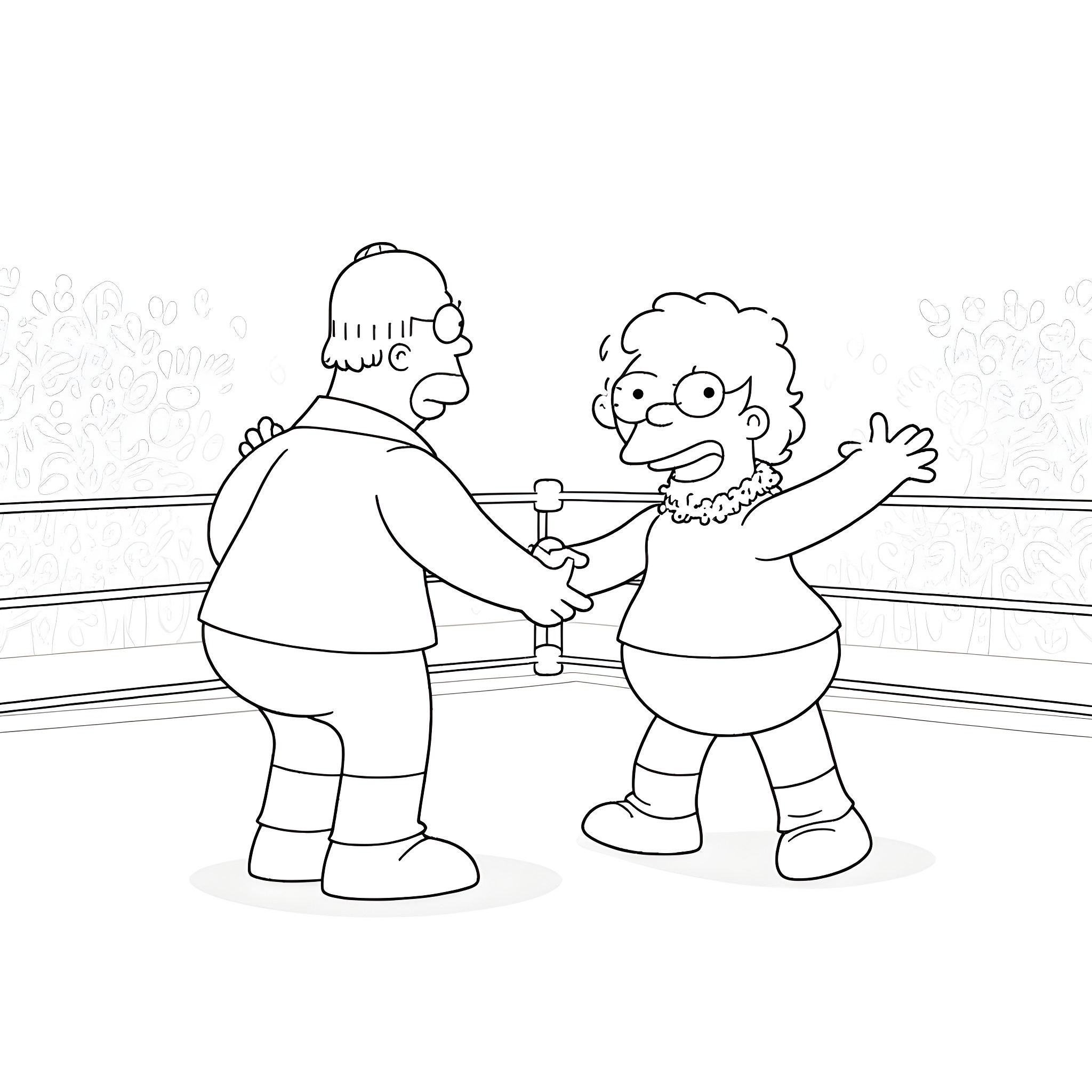 Wrestler characters engaged in friendly handshake Coloring Page (free black-and-white line drawing printable PDF for all, from beginners to advanced learners, including children, teens, adults, and seniors)