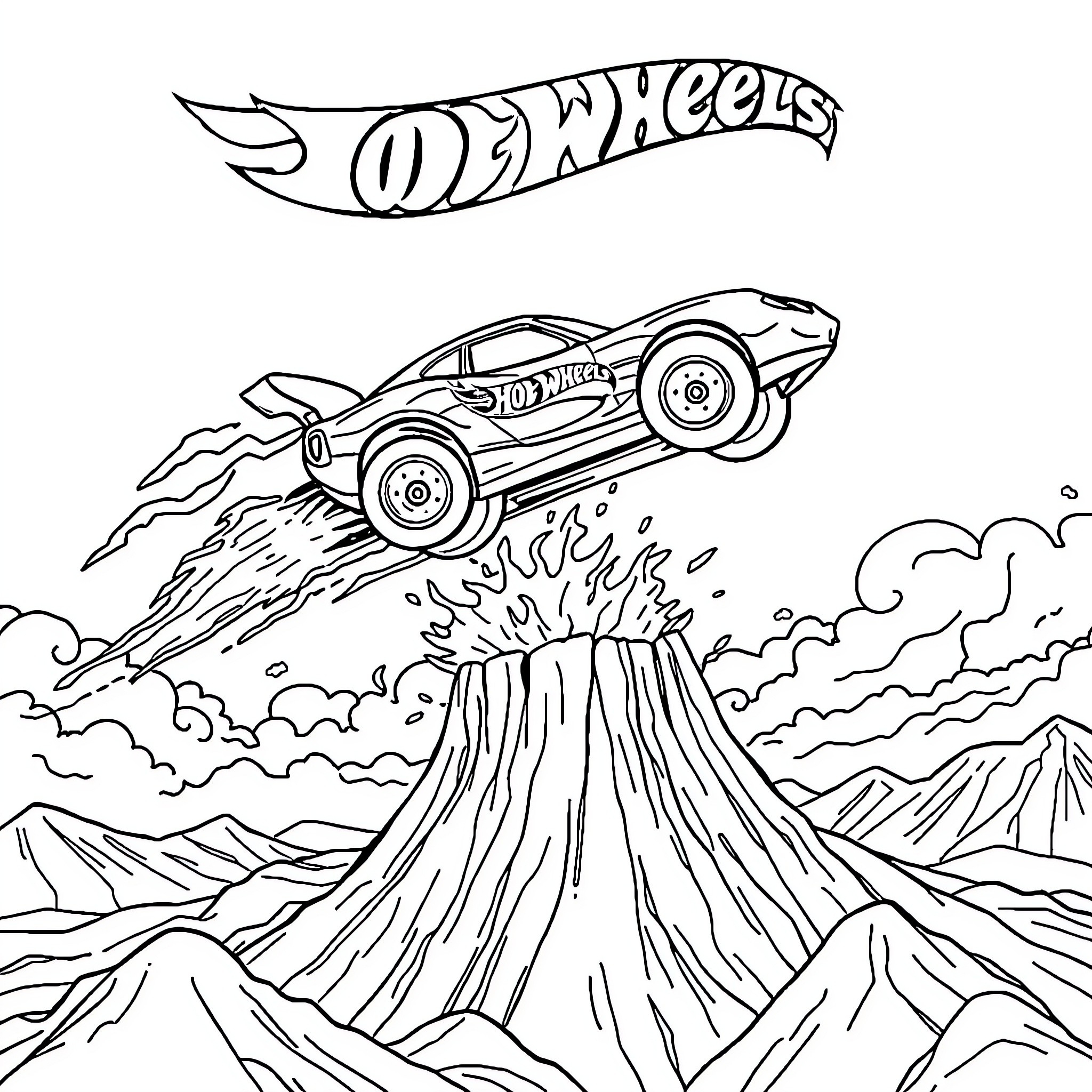 Hot Wheel racing through a volcanic landscape Coloring Page (free black-and-white line drawing printable PDF for all, from beginners to advanced learners, including children, teens, adults, and seniors)