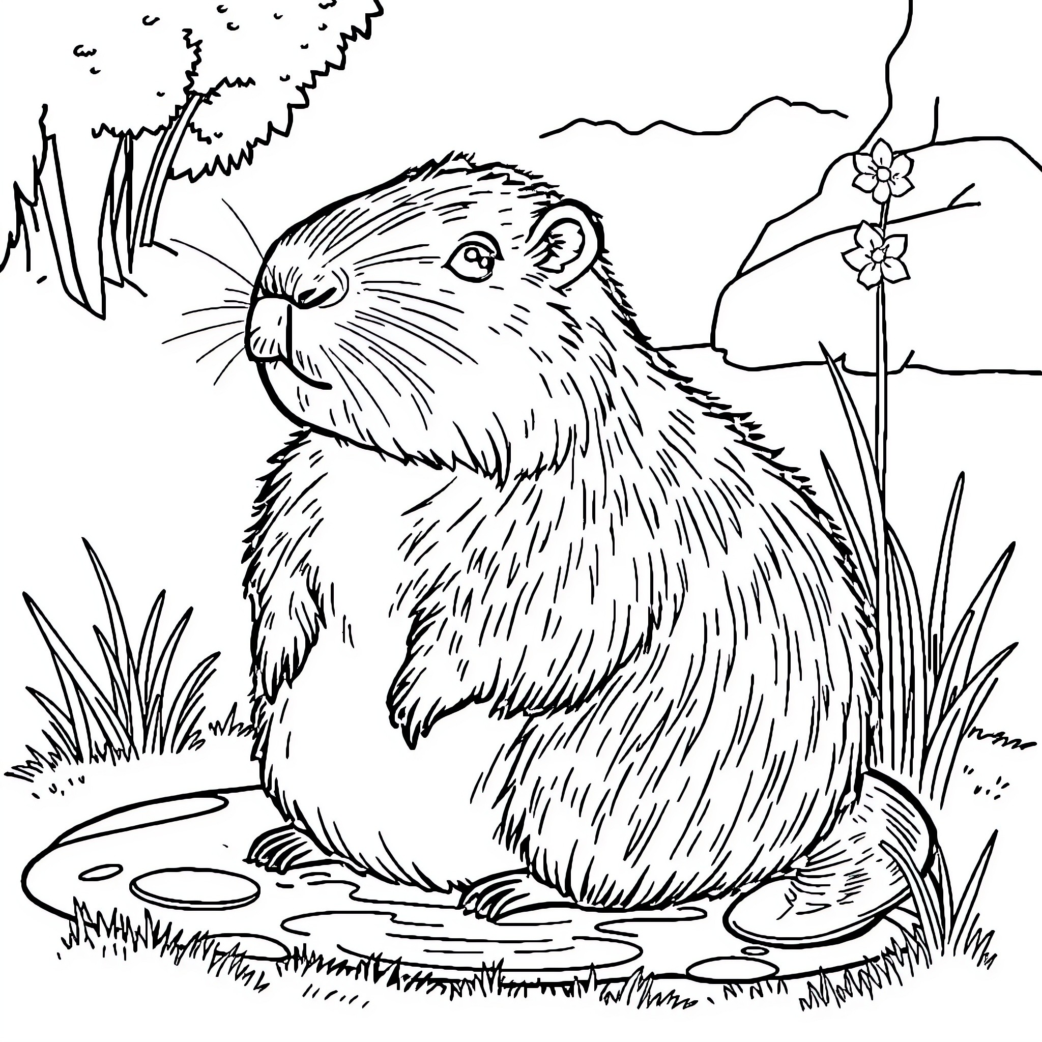 Capybara relaxing in nature Coloring Page (free black-and-white line drawing printable PDF for all, from beginners to advanced learners, including children, teens, adults, and seniors)