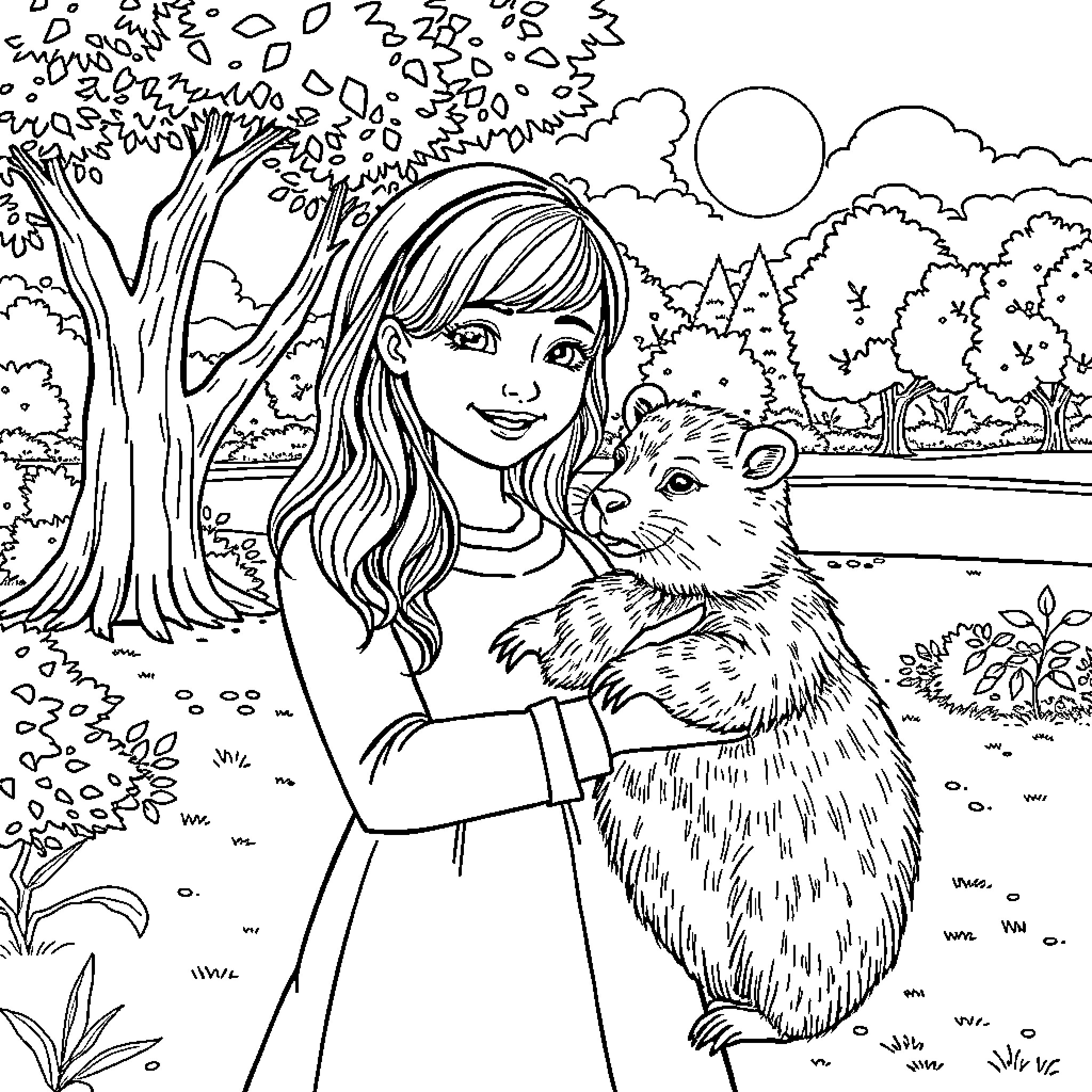 Anna Kadabra's Nature Adventure with a Furry Friend Coloring Page (free black-and-white line drawing printable PDF for all, from beginners to advanced learners, including children, teens, adults, and seniors)