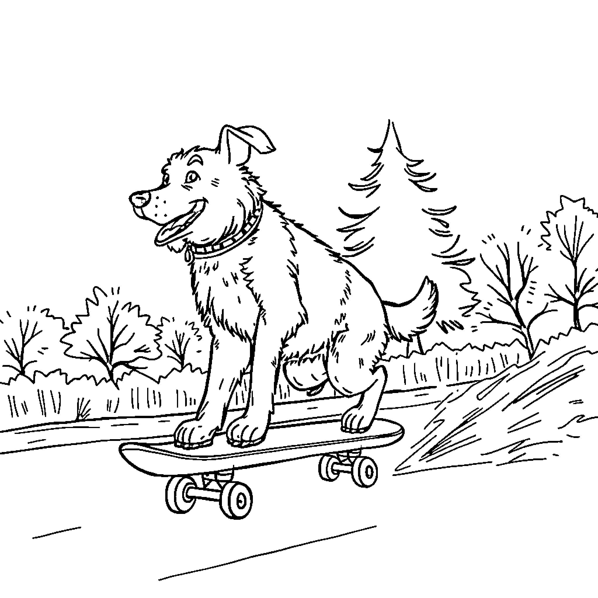 Dog riding a skateboard in the forest Coloring Page (free black-and-white line drawing printable PDF for all, from beginners to advanced learners, including children, teens, adults, and seniors)