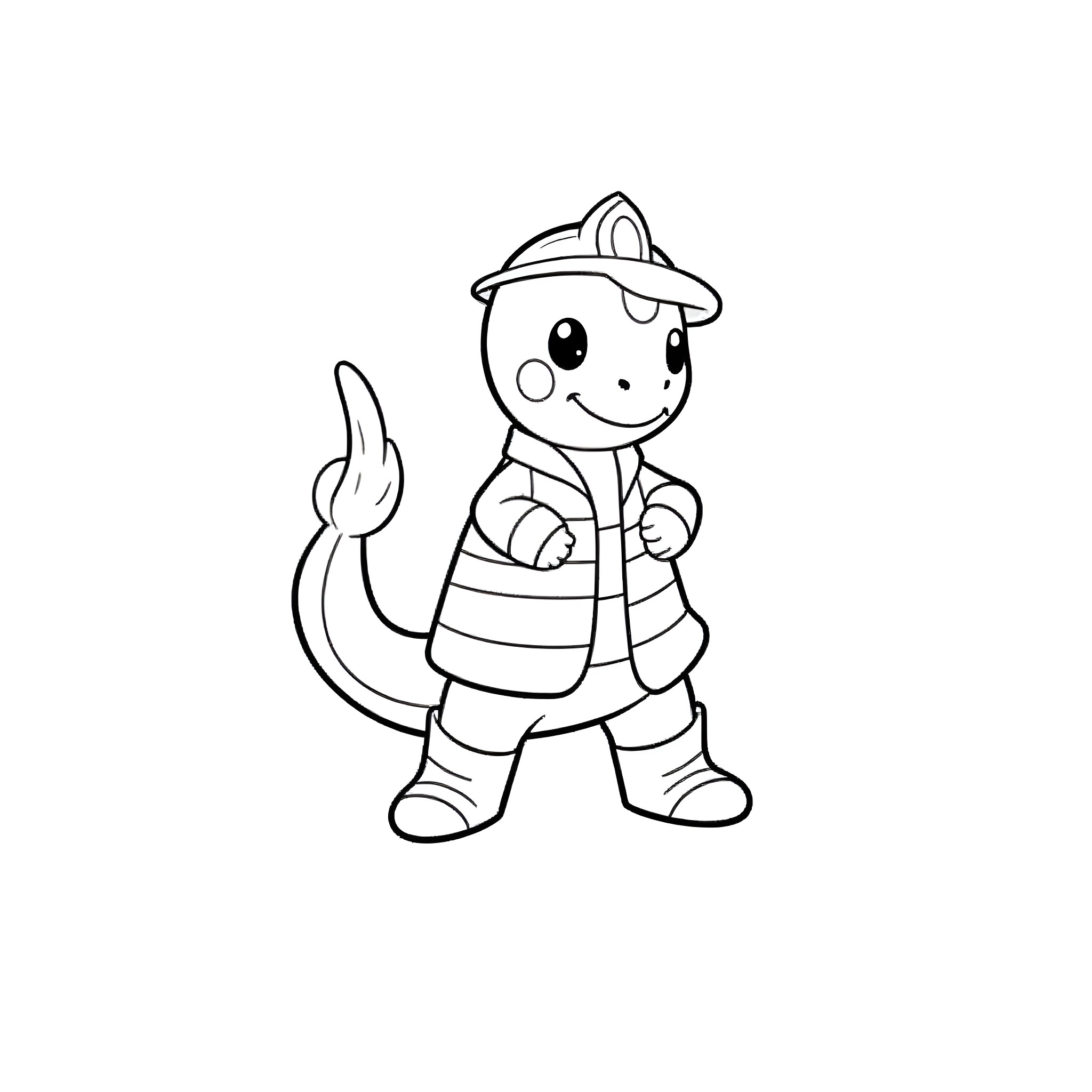 Charmander in firefighter uniform Coloring Page (free black-and-white line drawing printable PDF for all, from beginners to advanced learners, including children, teens, adults, and seniors)