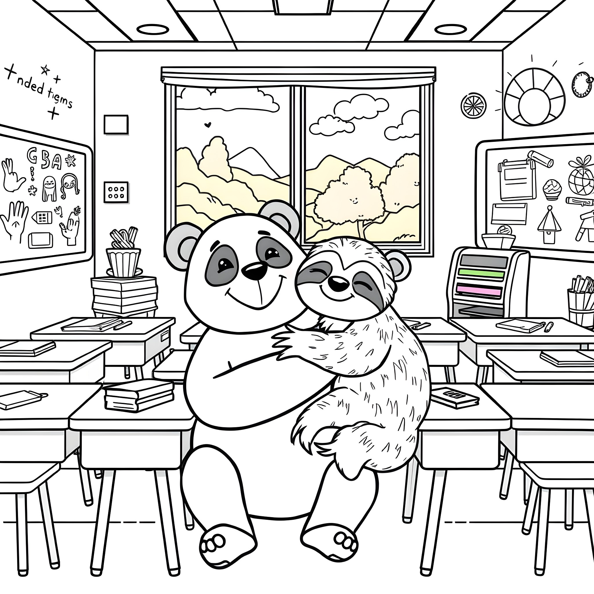 Panda Bears Exploring Classroom Setting Coloring Page (free black-and-white line drawing printable PDF for all, from beginners to advanced learners, including children, teens, adults, and seniors)