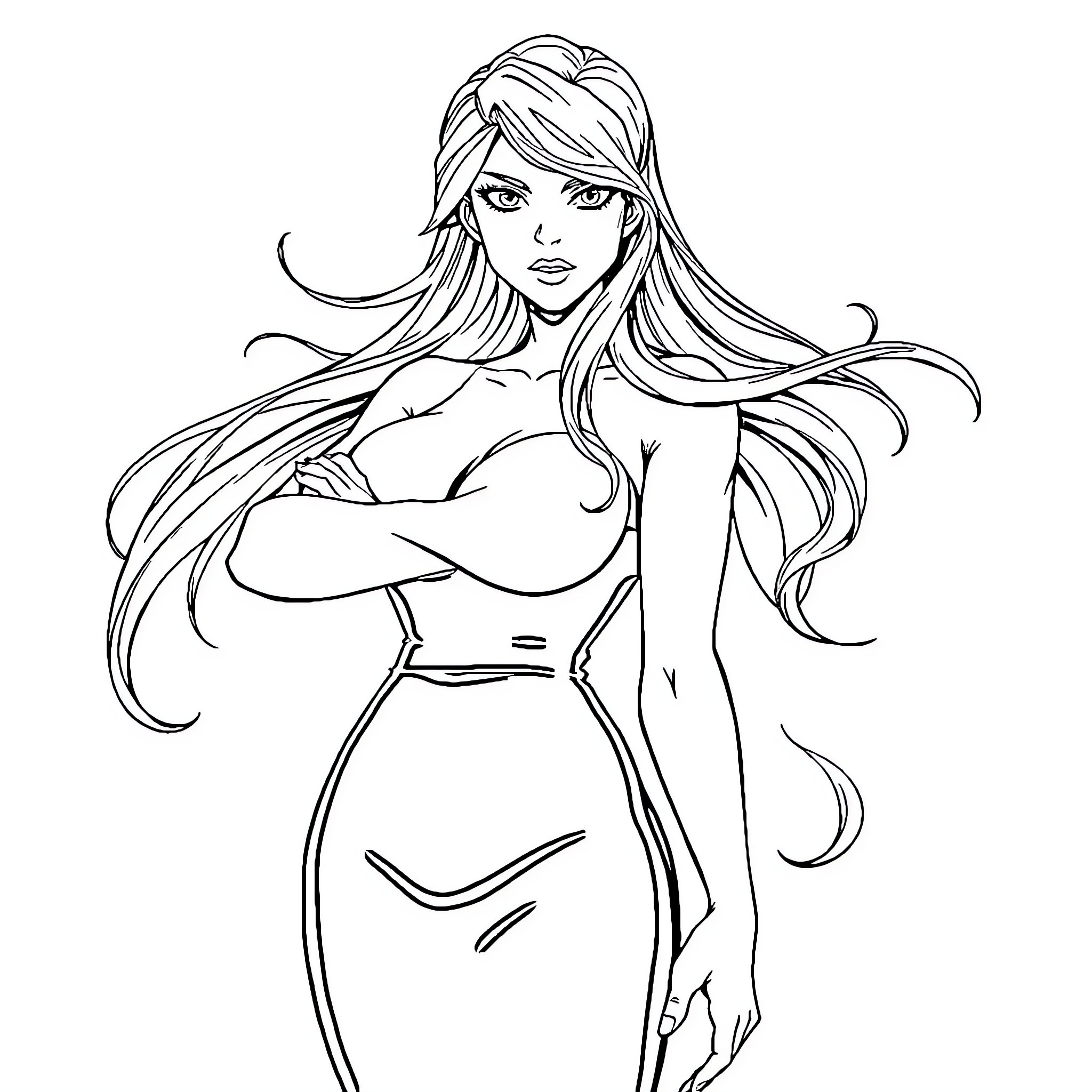 Erza Scarlett in Confident Pose Coloring Page (free black-and-white line drawing printable PDF for all, from beginners to advanced learners, including children, teens, adults, and seniors)