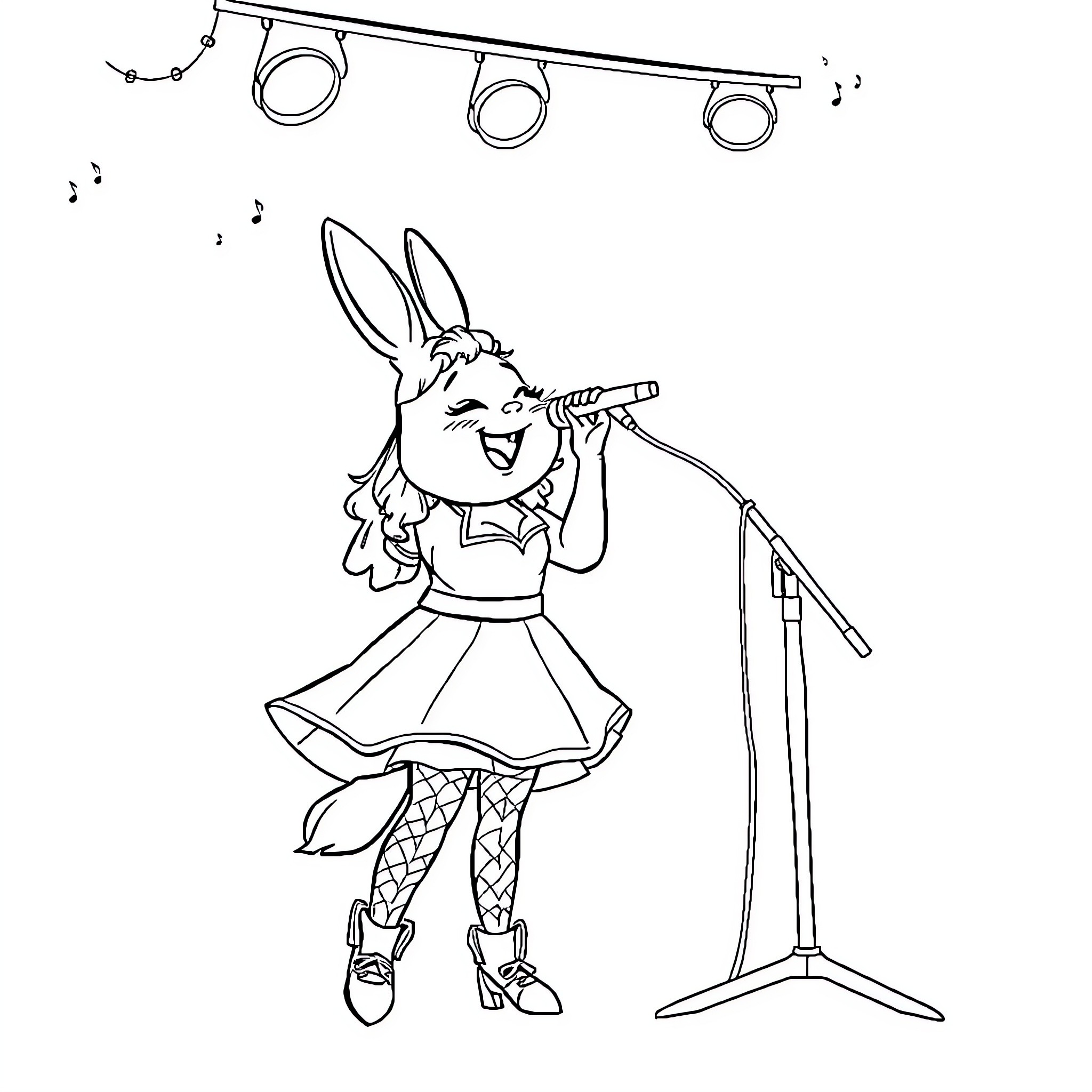 Cinderella performing on stage with microphone Coloring Page (free black-and-white line drawing printable PDF for all, from beginners to advanced learners, including children, teens, adults, and seniors)