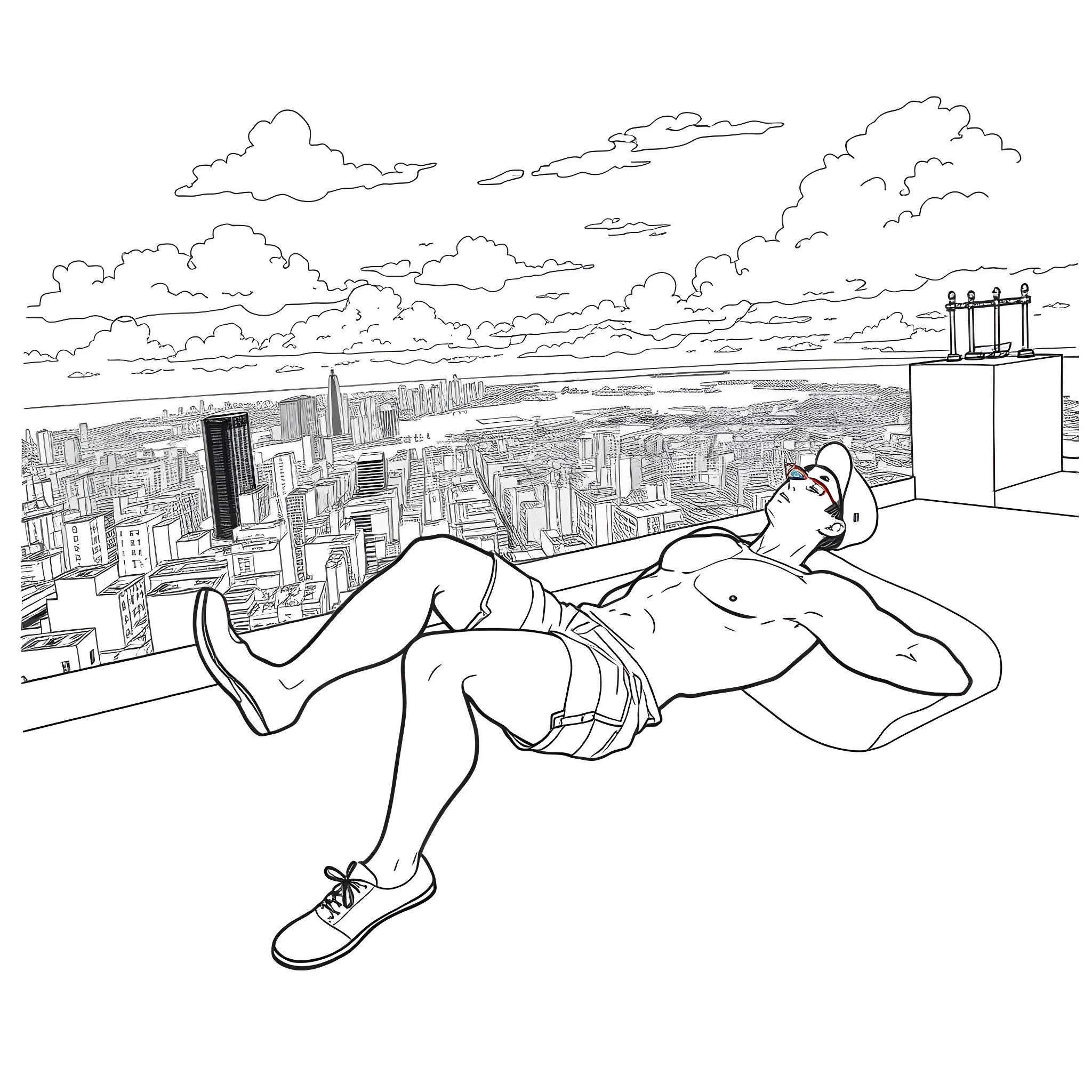 Teen Boy Relaxing on Rooftop with City View Coloring Page (free black-and-white line drawing printable PDF for all, from beginners to advanced learners, including children, teens, adults, and seniors)
