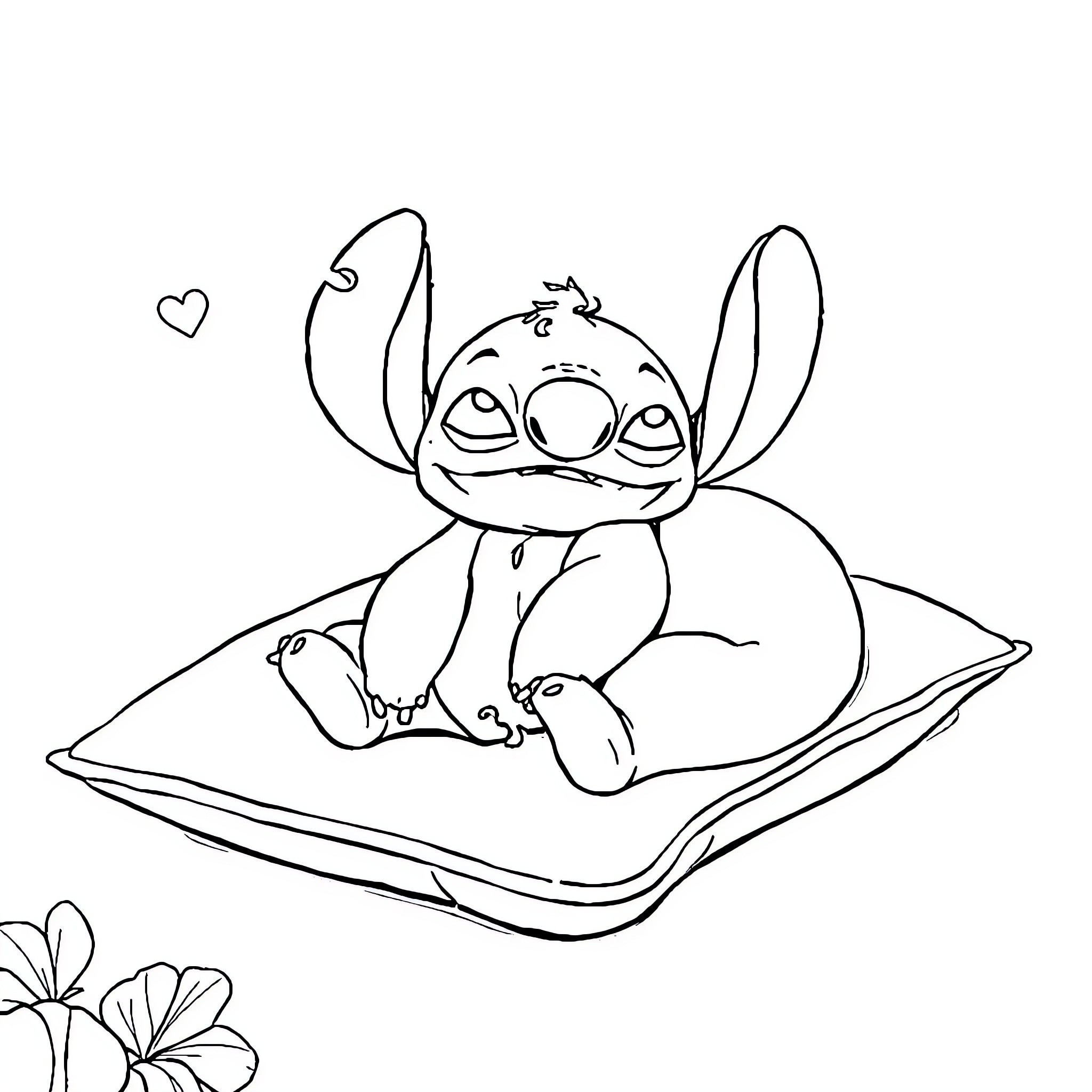 Stitch relaxing happily on a cushion Coloring Page (free black-and-white line drawing printable PDF for all, from beginners to advanced learners, including children, teens, adults, and seniors)