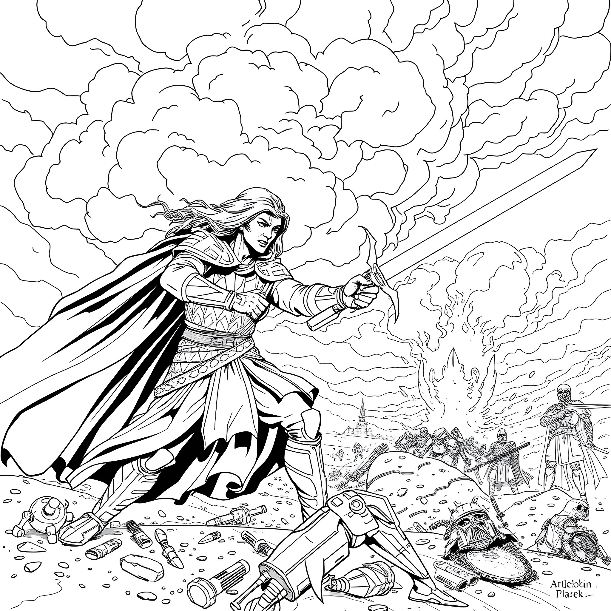 Kaladin, the Shardbearer, unleashing power in the storm Coloring Page (free black-and-white line drawing printable PDF for all, from beginners to advanced learners, including children, teens, adults, and seniors)
